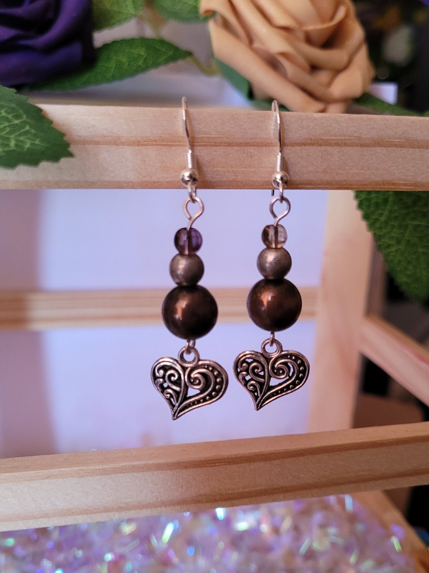Filigree heart dangle/drop earrings, beaded, boho, bronze, silver, Sterling silver ear wires