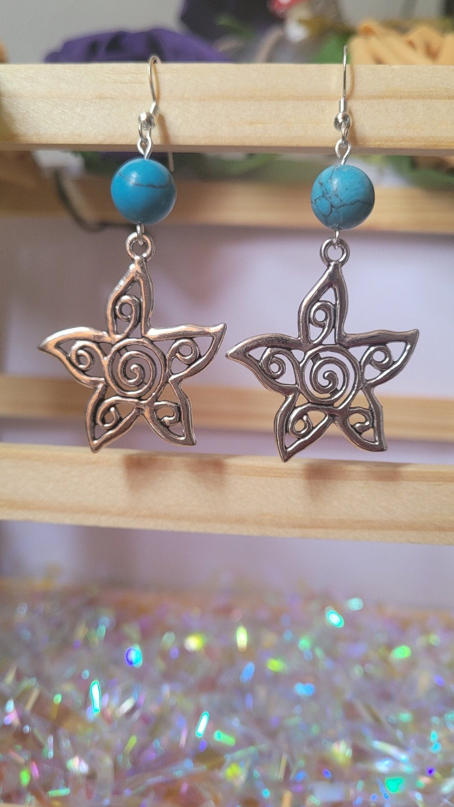 Hollow spiral flower beaded drop earrings. Boho, S925 ear wires.
