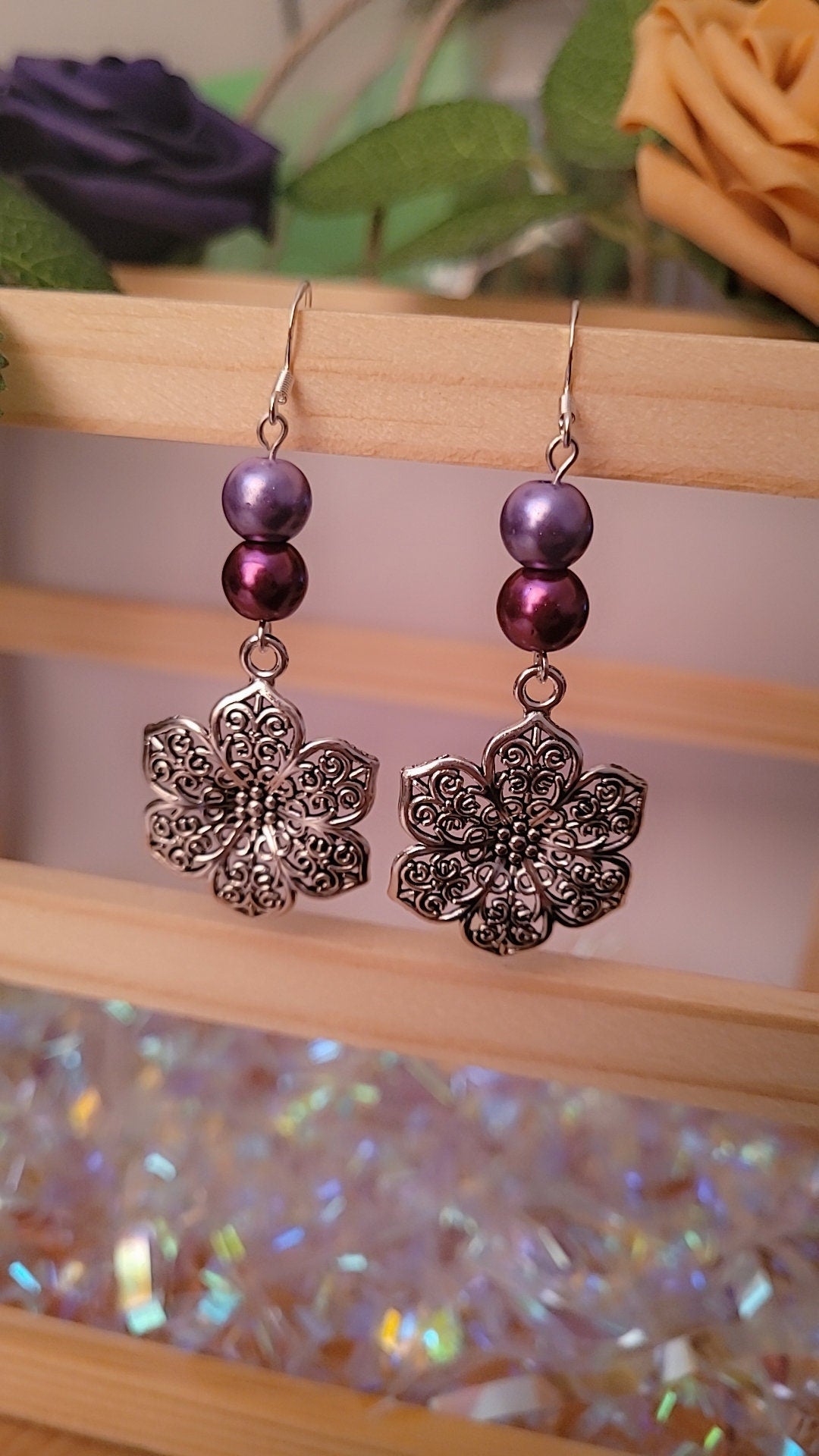 Vintage boho hollow flower beaded drop earrings. Sterling silver ear wires