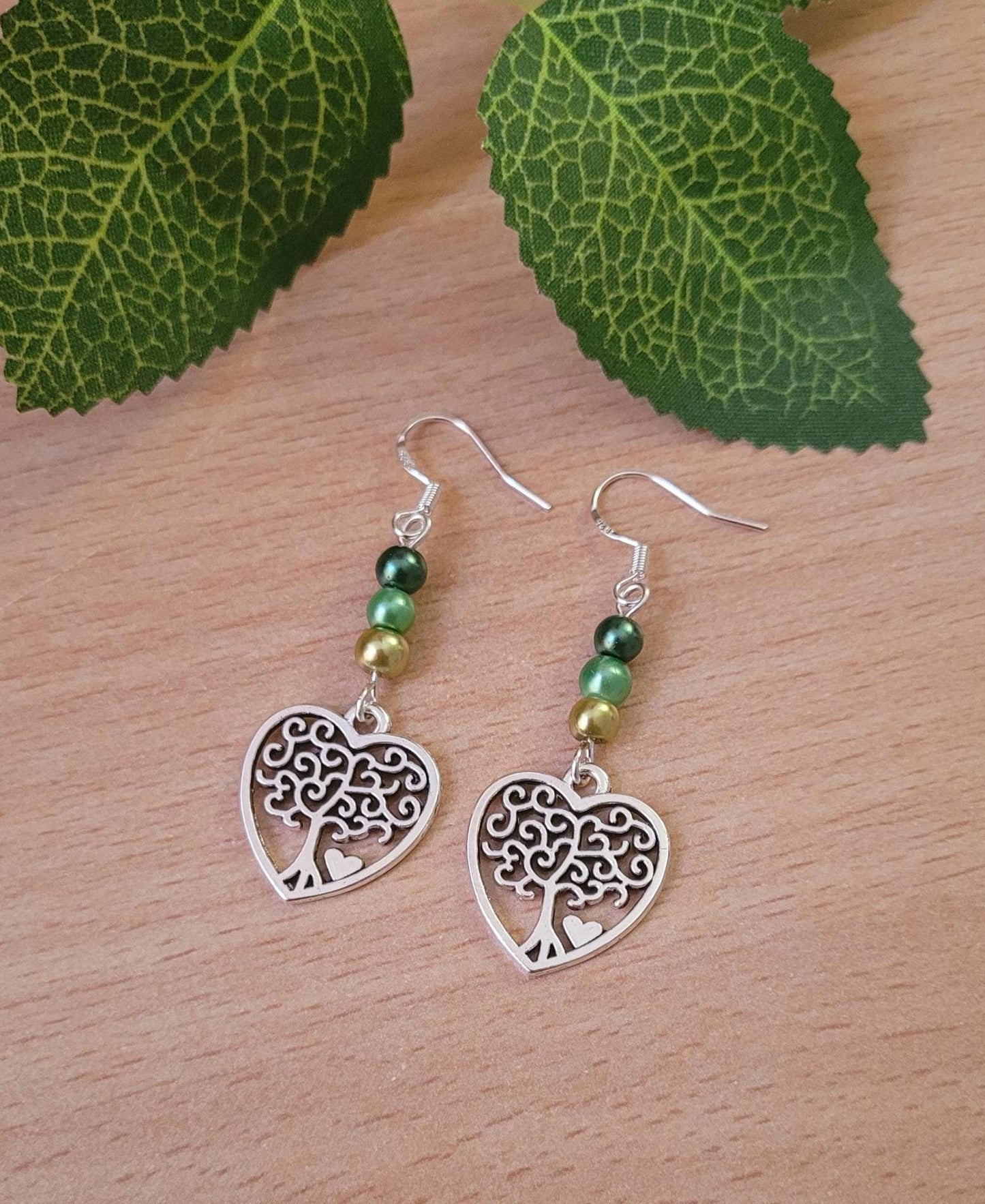 Tree of Life heart charm beaded drop earrings. Nature, forest, pagan, S925 ear wires