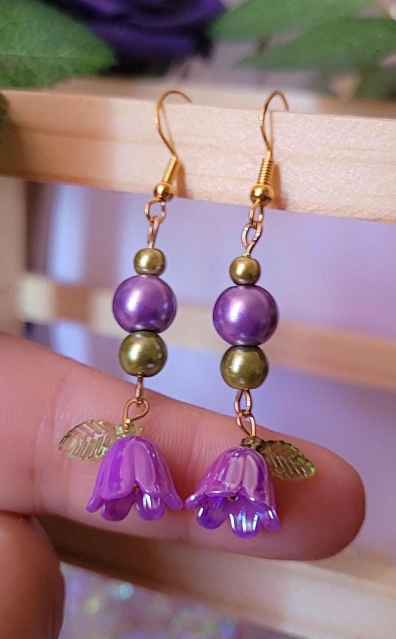 Enchanted Forest Flower Earrings: Beaded Dangle, S925 Gold Plated Ear Wires