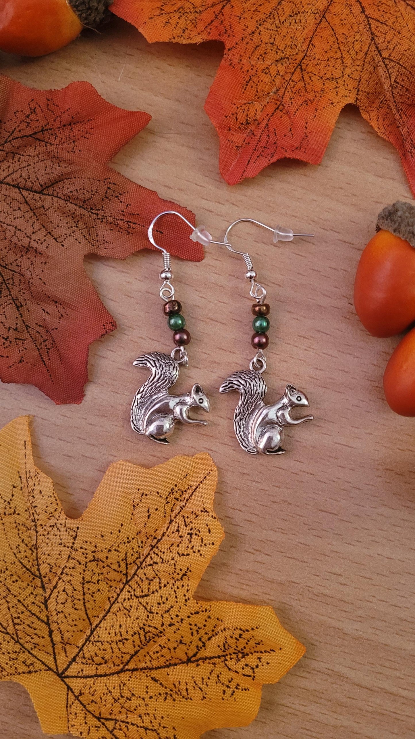 Squirrel Dangle Earrings: Beaded Sterling Silver Wires, Autumn Nature