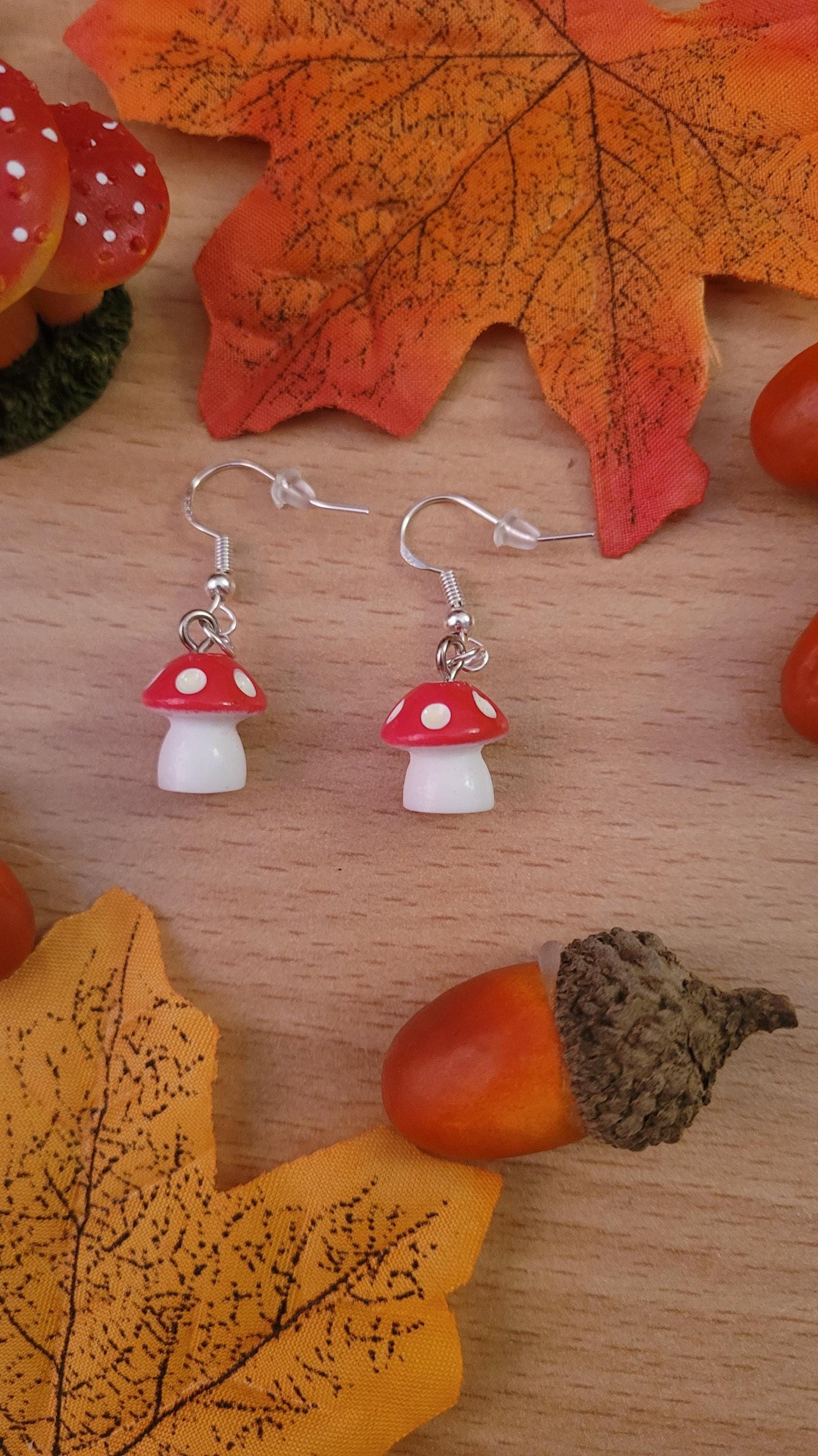Mini Toadstool Earrings: 3D Mushroom, Sterling Silver Wires