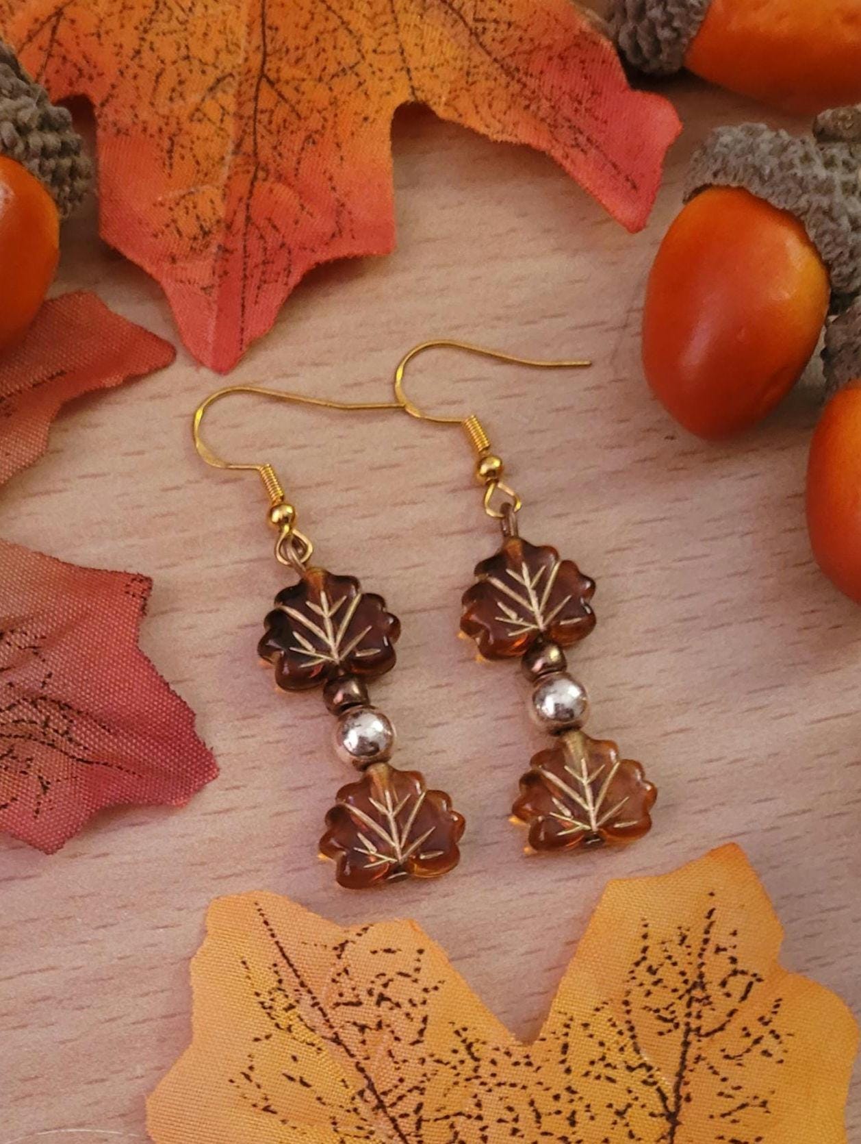Maple Leaf Beaded Drop Earrings: Gold Plated S925 Wires