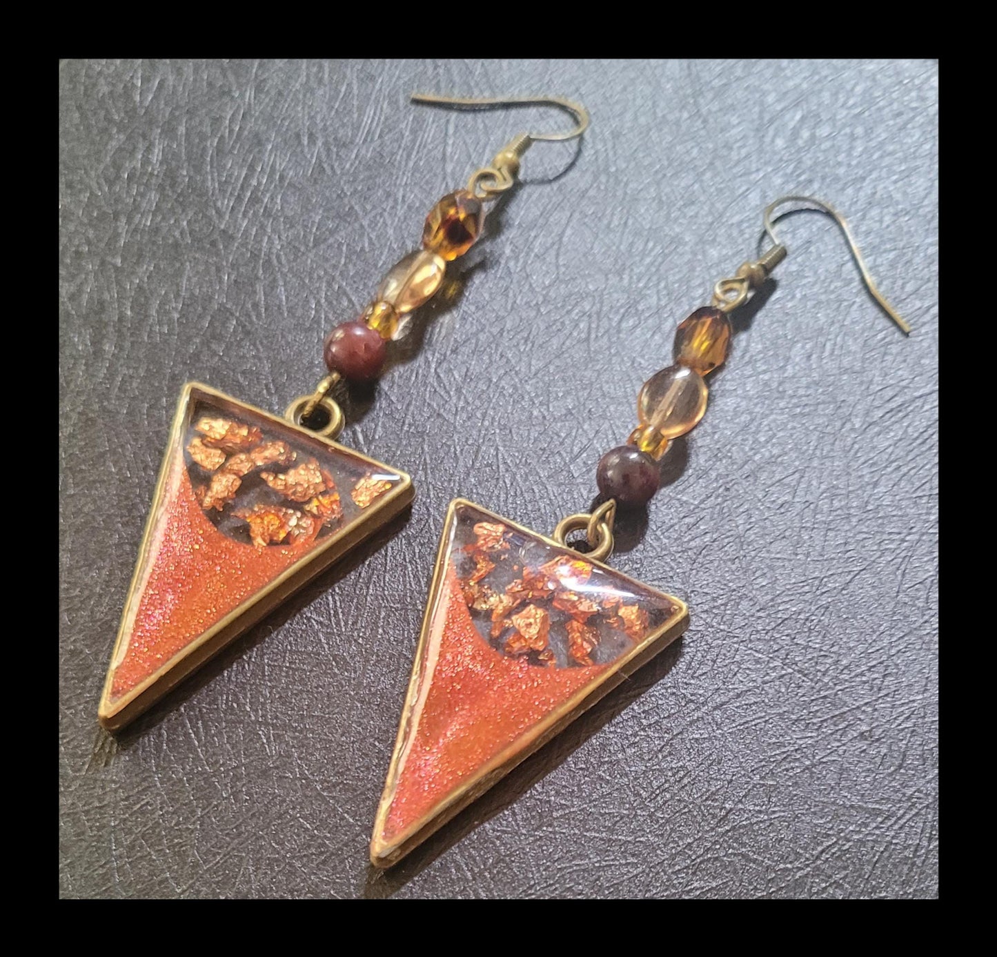 Autumn inspired Resin Dangle Statement Earrings. Unique, inverted triangle