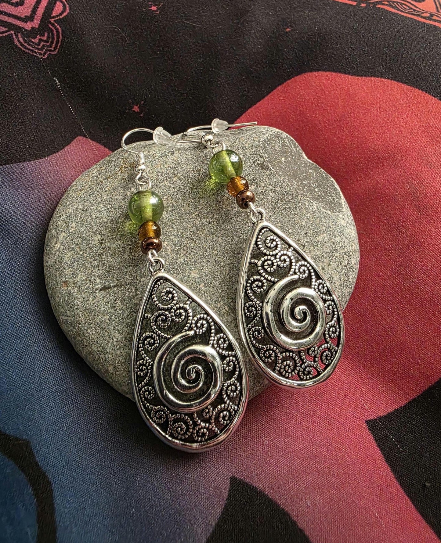 Celtic-inspired Beaded Dangle Earrings with S925 ear wires. Celtic spiral, nature, earth