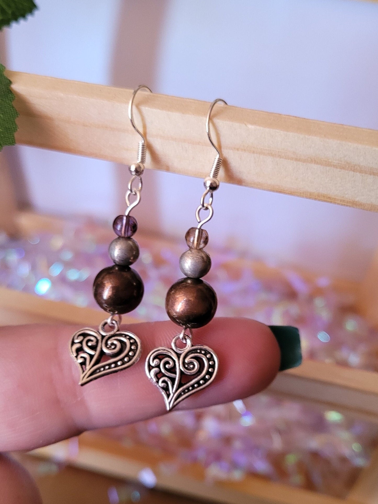 Filigree heart dangle/drop earrings, beaded, boho, bronze, silver, Sterling silver ear wires