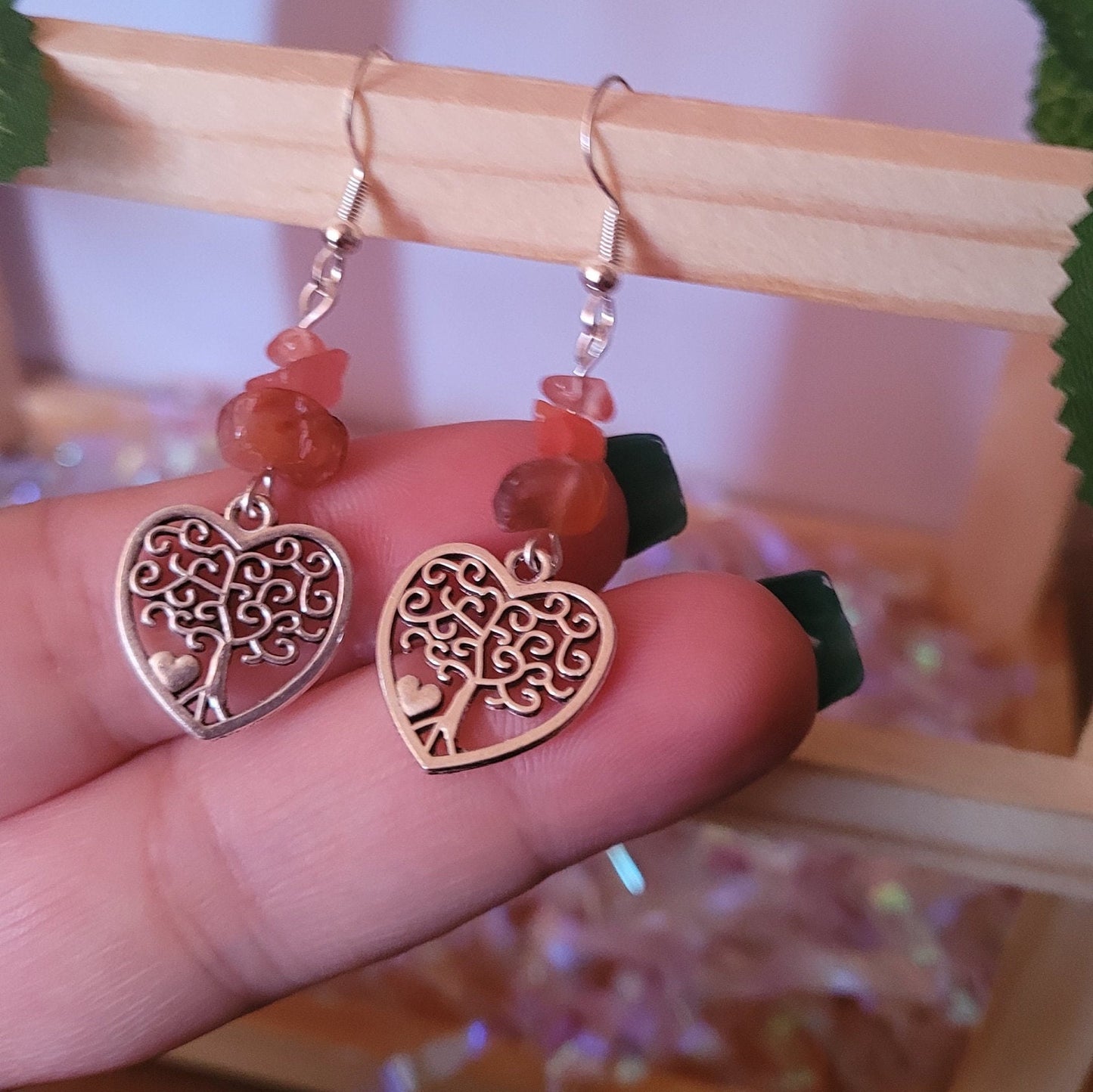 Heart Tree of Life Earrings: Green Stone Chips, Sterling Silver Wires