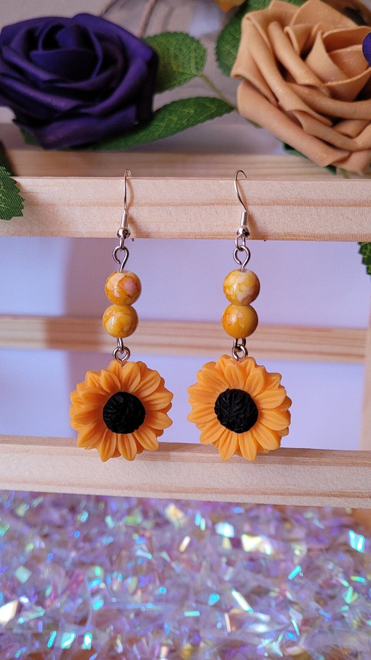 Orange Sunflower dangle/drop earrings, beaded, charm, spring, summer, boho, quirky, Sterling silver