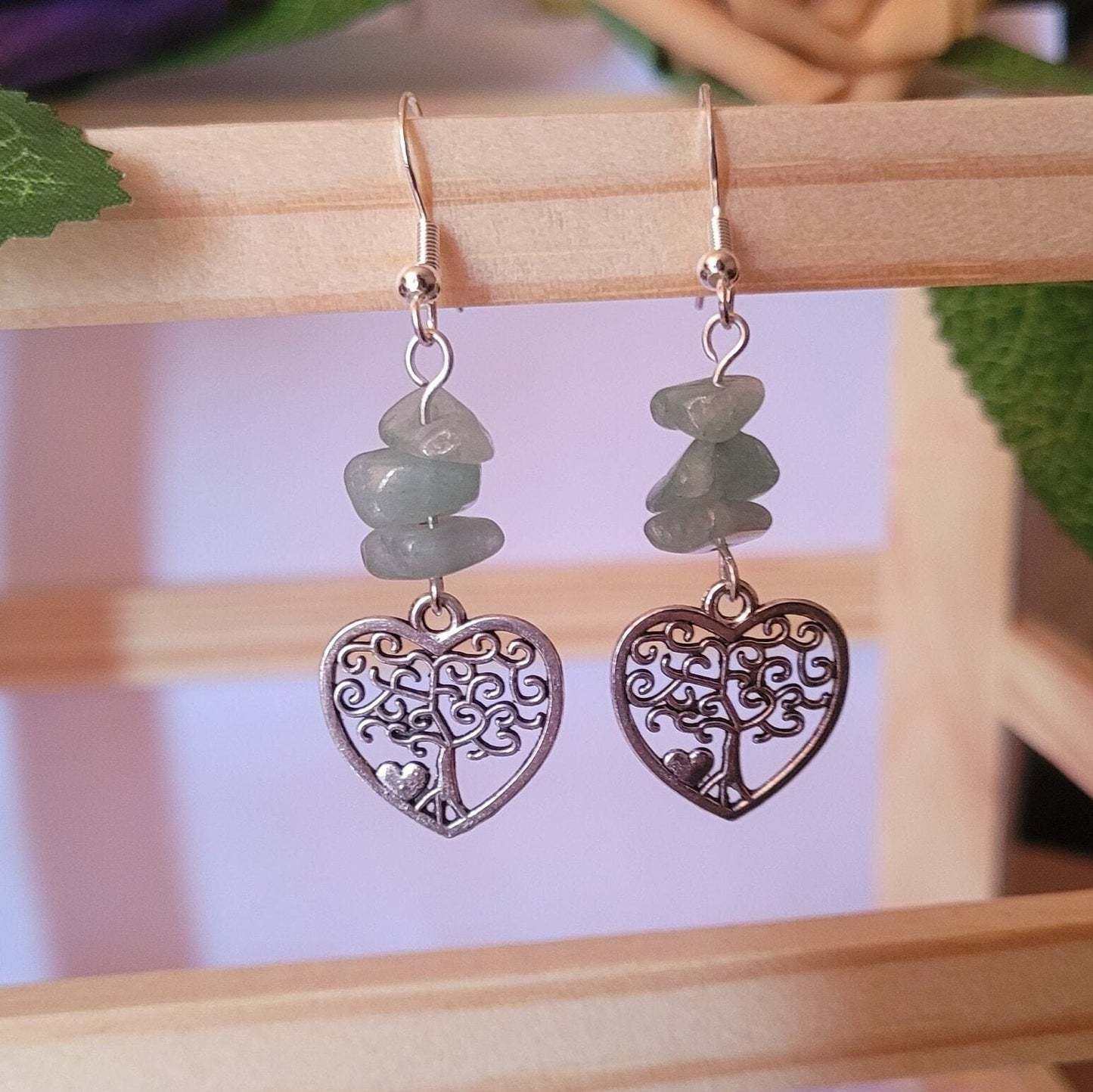 Heart Tree of Life Earrings: Green Stone Chips, Sterling Silver Wires