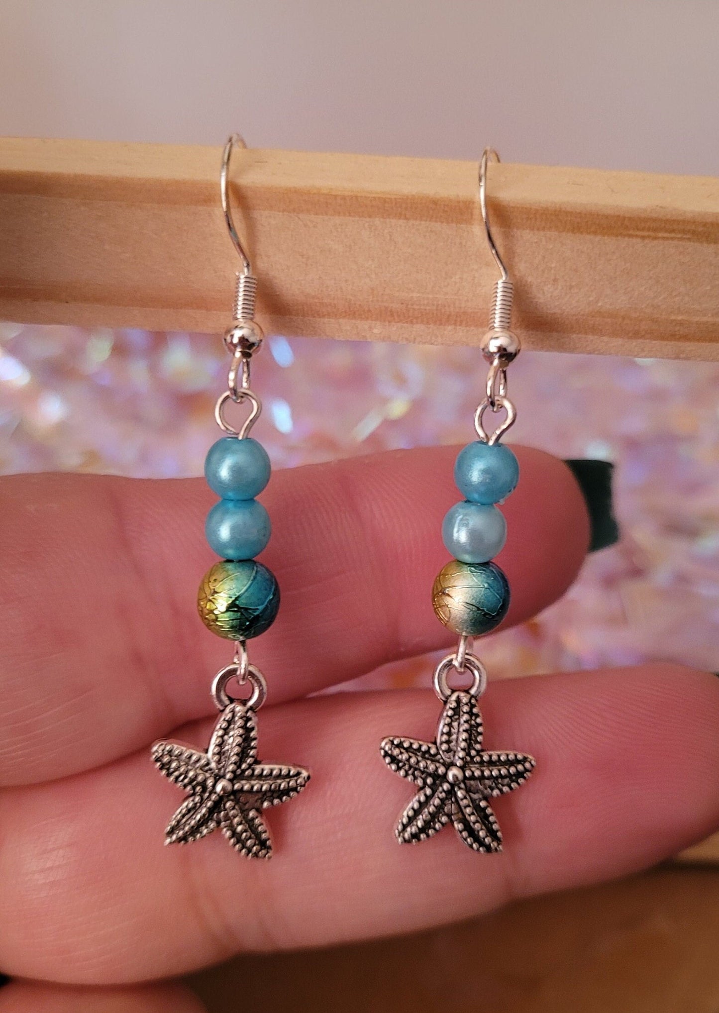 Starfish earrings, dangle/drop bead earrings, beach, ocean, sea, vibrant, summer, S925