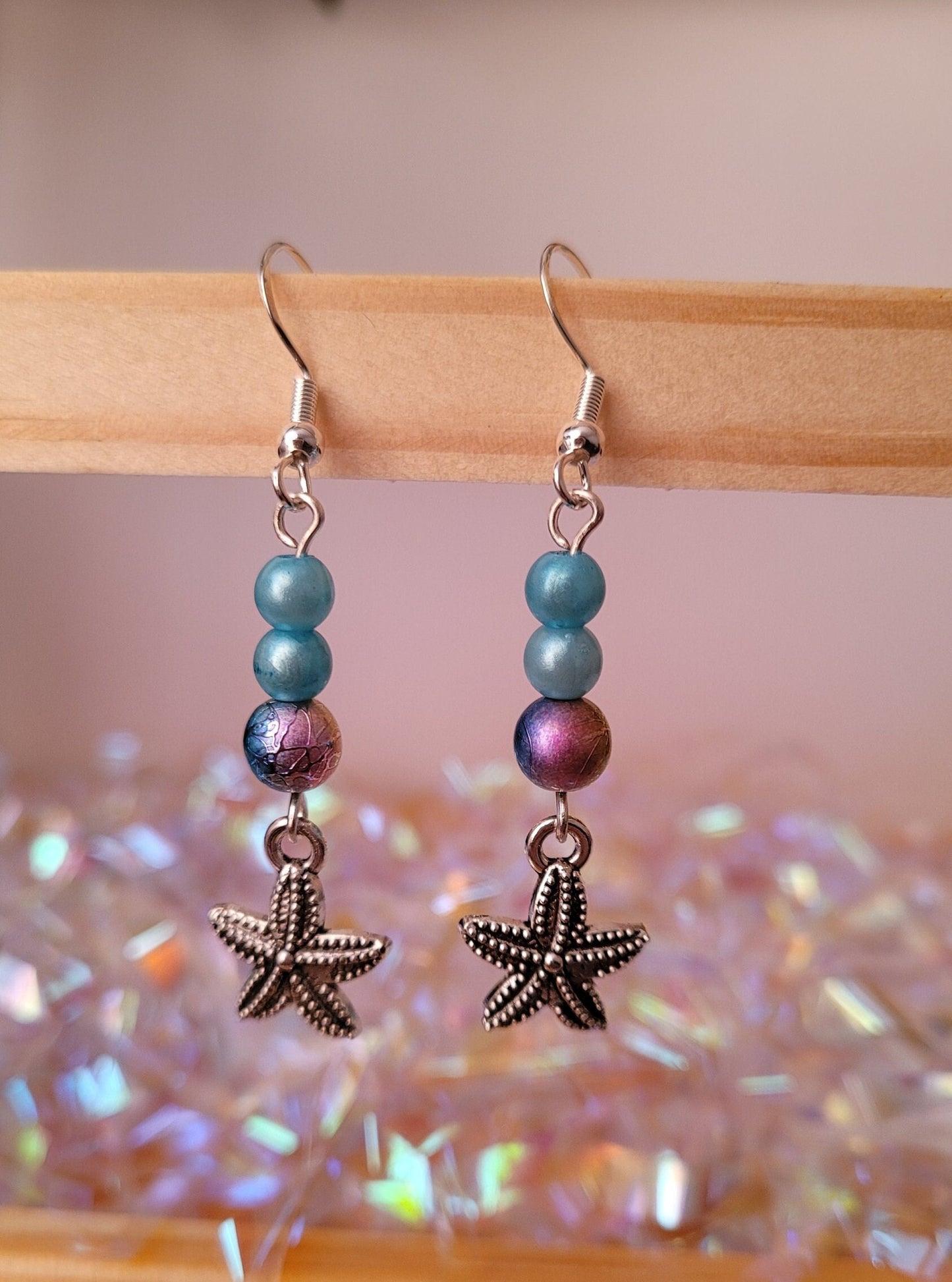 Starfish earrings, dangle/drop bead earrings, beach, ocean, sea, vibrant, summer, S925