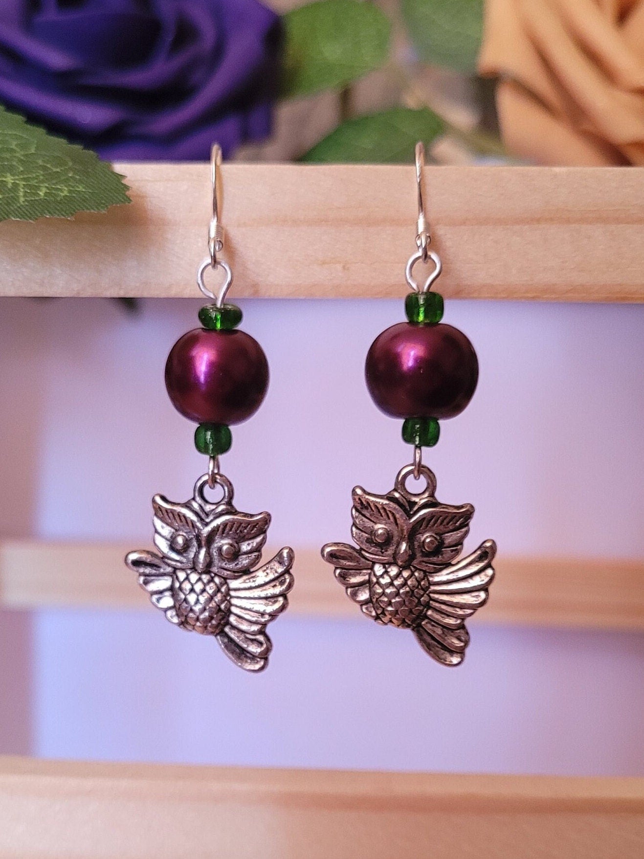 Owl dangle/drop bead earrings, pretty, quirky, nature, forest, magical, mystic