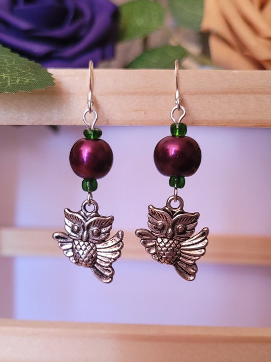 Owl dangle/drop bead earrings, pretty, quirky, nature, forest, magical, mystic