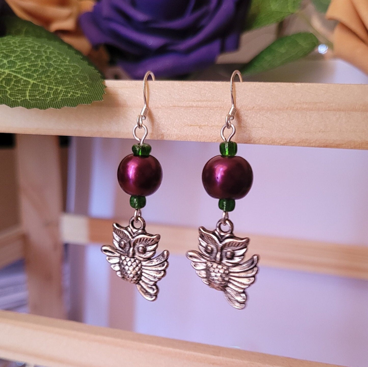 Owl dangle/drop bead earrings, pretty, quirky, nature, forest, magical, mystic