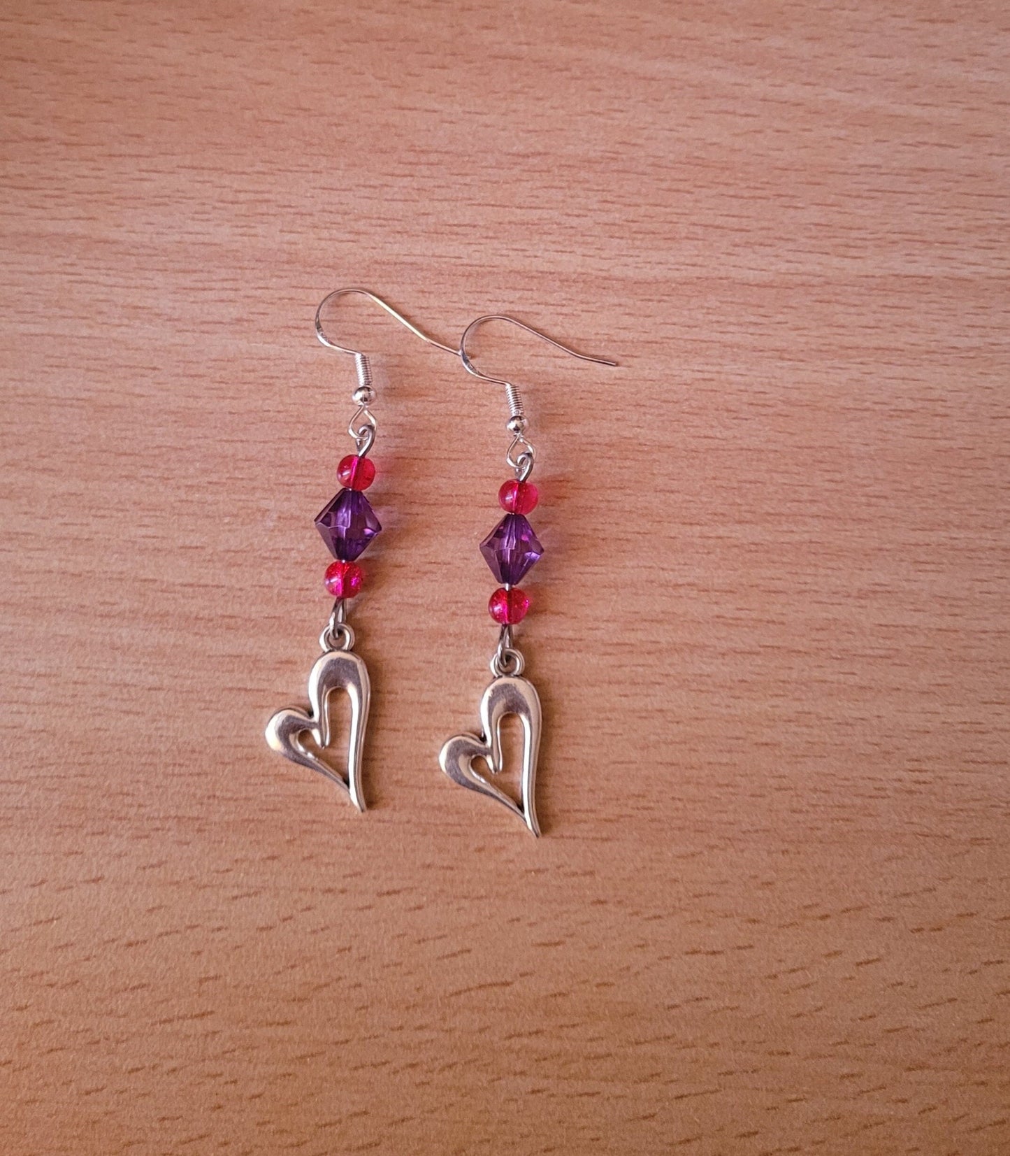 Heart charm dangle/drop earrings, pretty, beaded, colourful, elegant, S925 ear wires