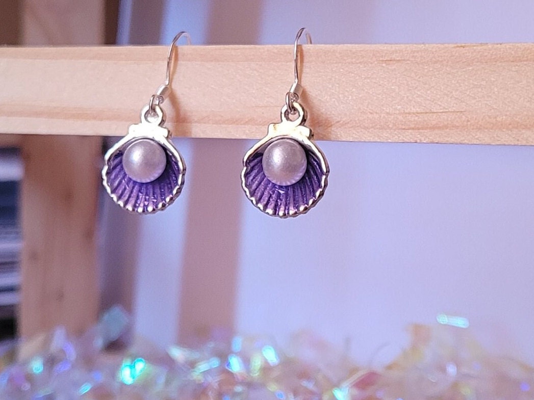 Purple Clam Shell Dangle Earrings with Faux Pearl, S925 Ear Wires