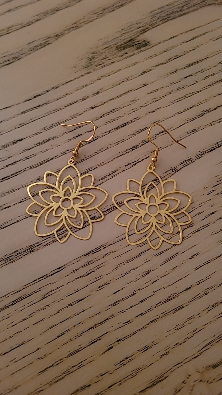 Elegant large gold tone hollow flower dangle earrings. Gold plated S925 ear wires