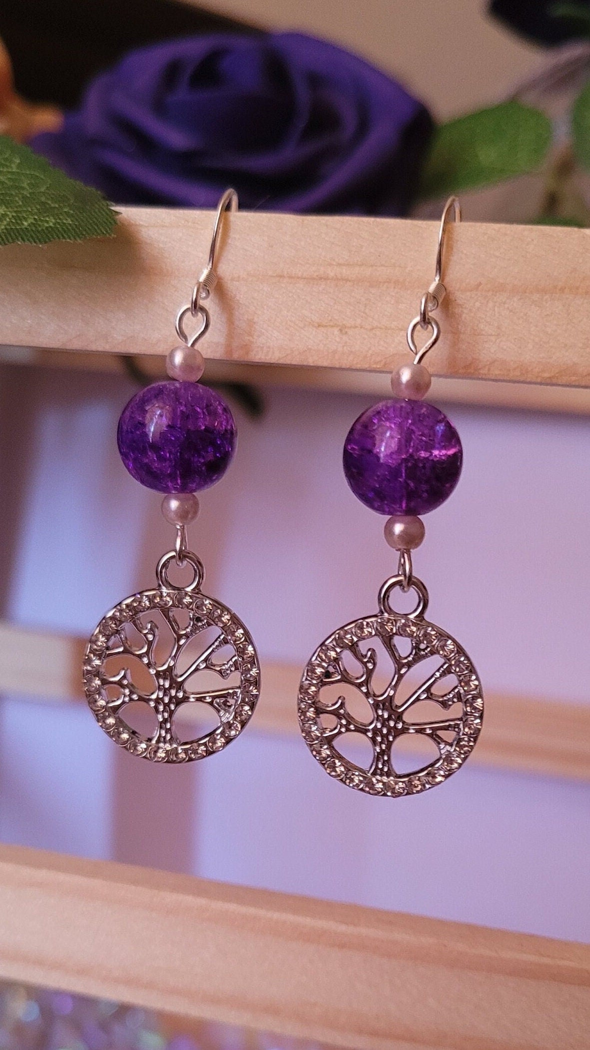 Silver Tree of Life Dangle Earrings: Purple CZ, Sterling Silver Ear Wires