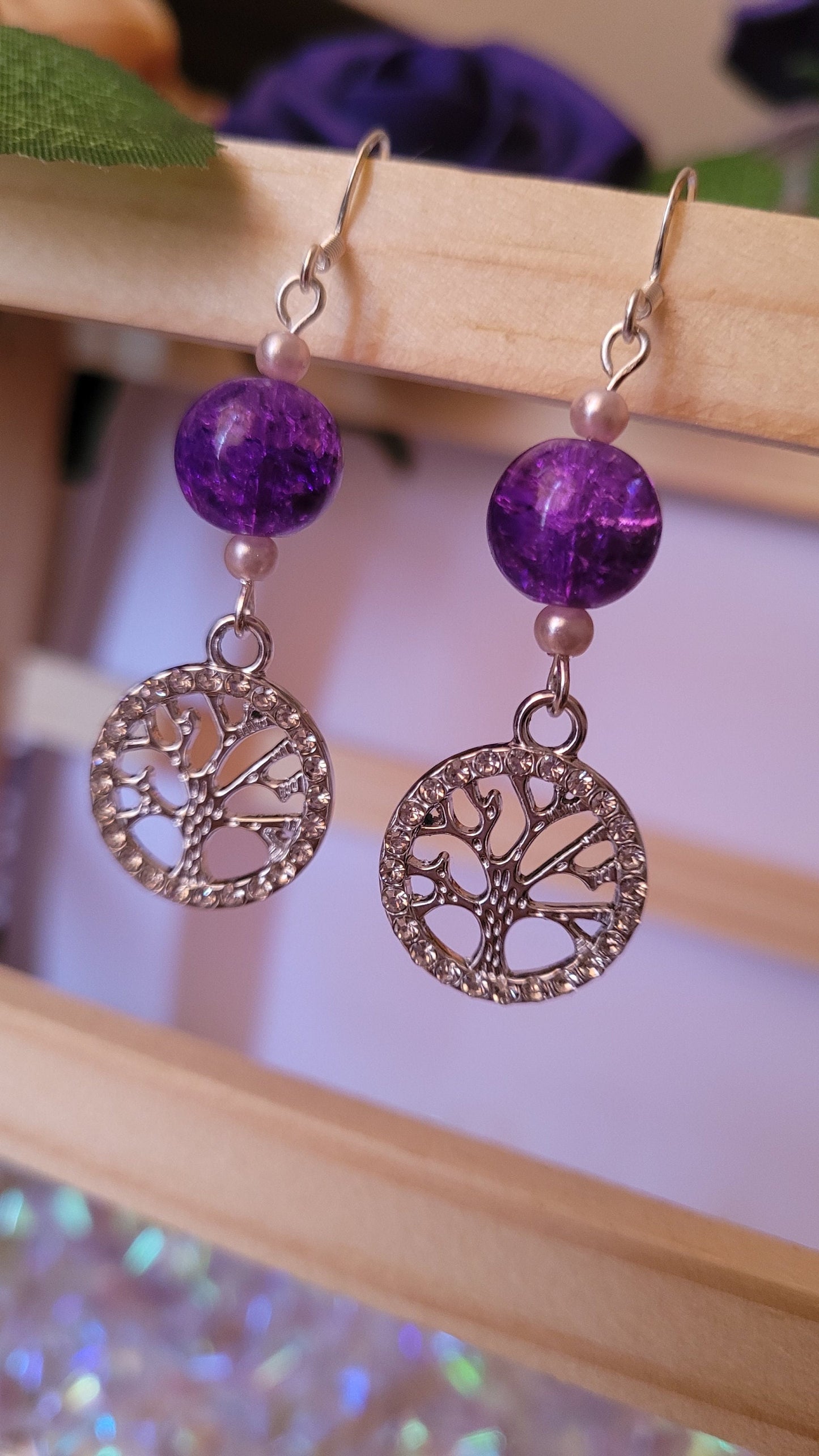 Silver Tree of Life Dangle Earrings: Purple CZ, Sterling Silver Ear Wires