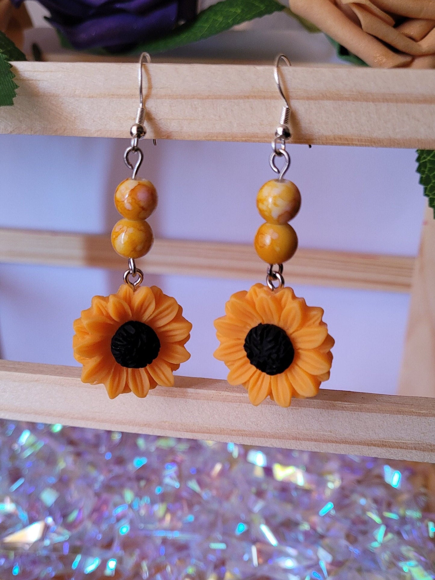 Orange Sunflower dangle/drop earrings, beaded, charm, spring, summer, boho, quirky, Sterling silver