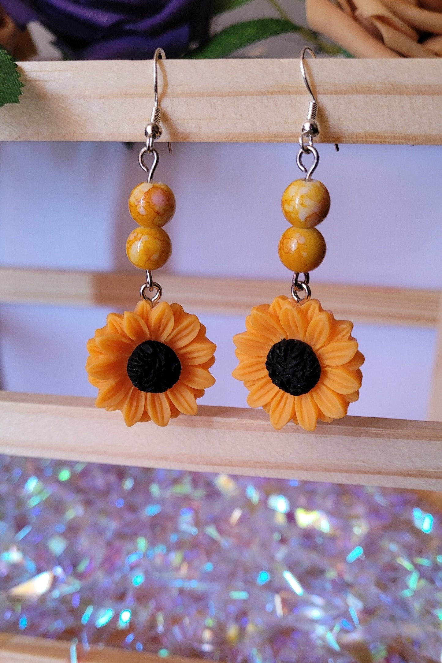 Orange Sunflower dangle/drop earrings, beaded, charm, spring, summer, boho, quirky, Sterling silver