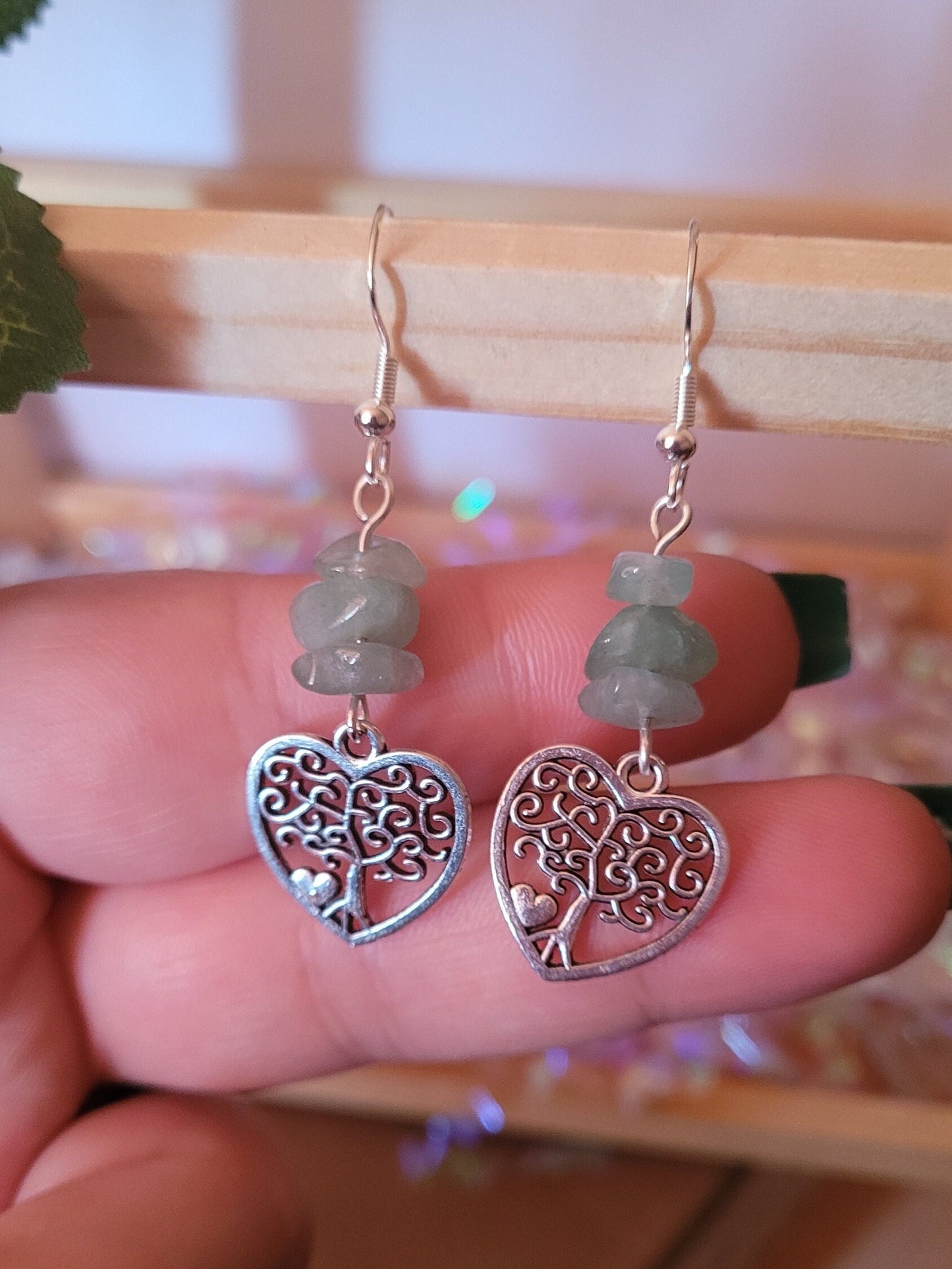 Heart Tree of Life Earrings: Green Stone Chips, Sterling Silver Wires