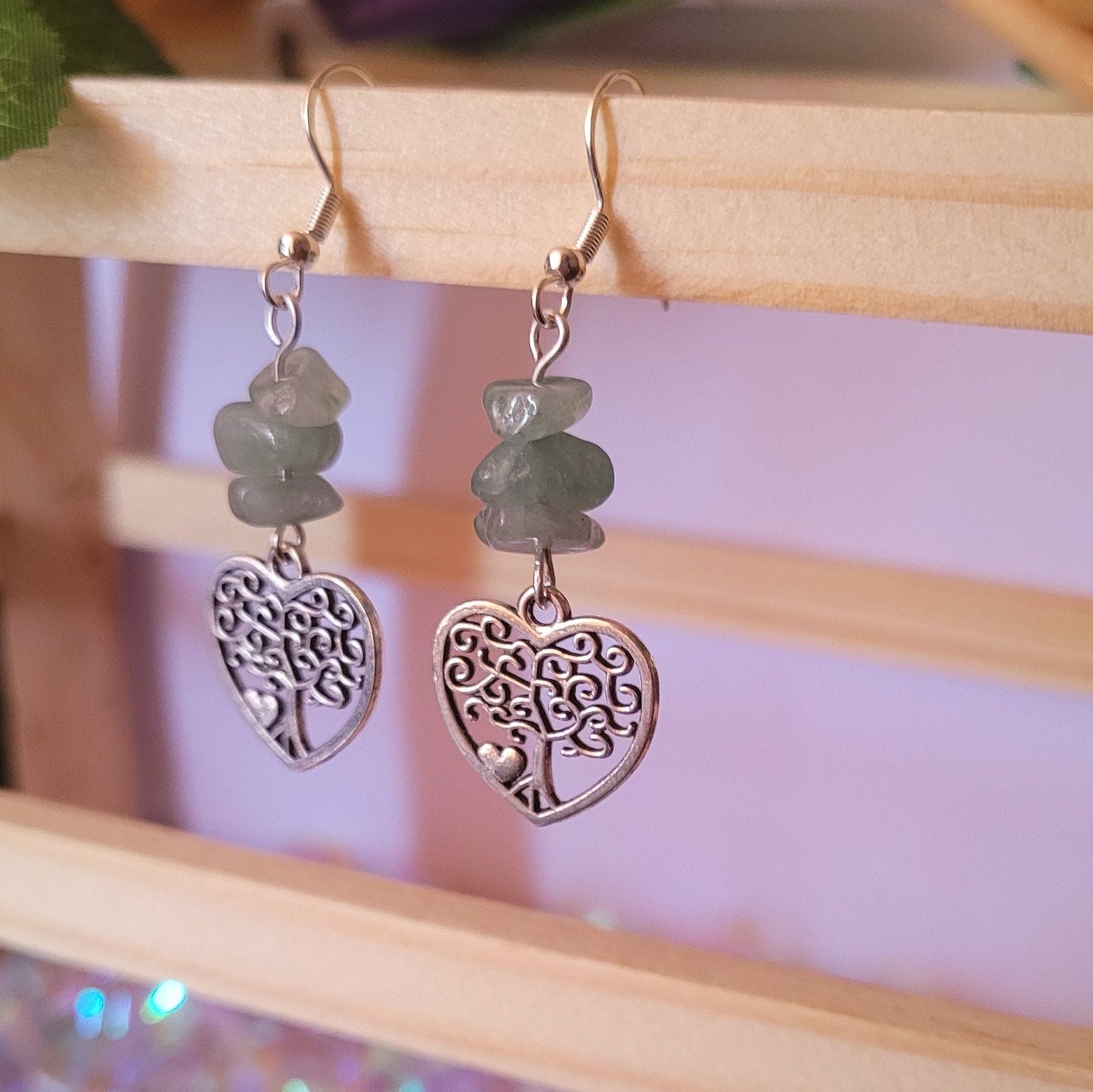 Heart Tree of Life Earrings: Green Stone Chips, Sterling Silver Wires