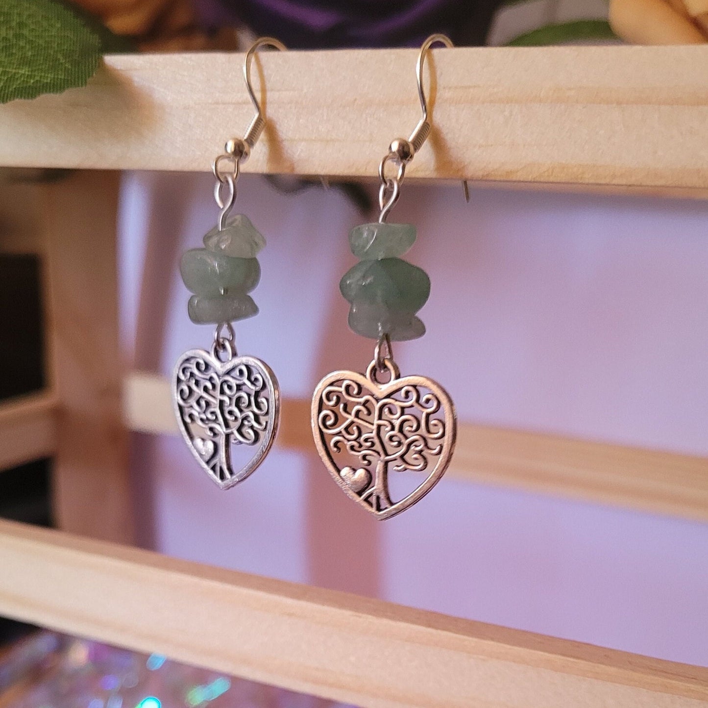 Heart Tree of Life Earrings: Green Stone Chips, Sterling Silver Wires