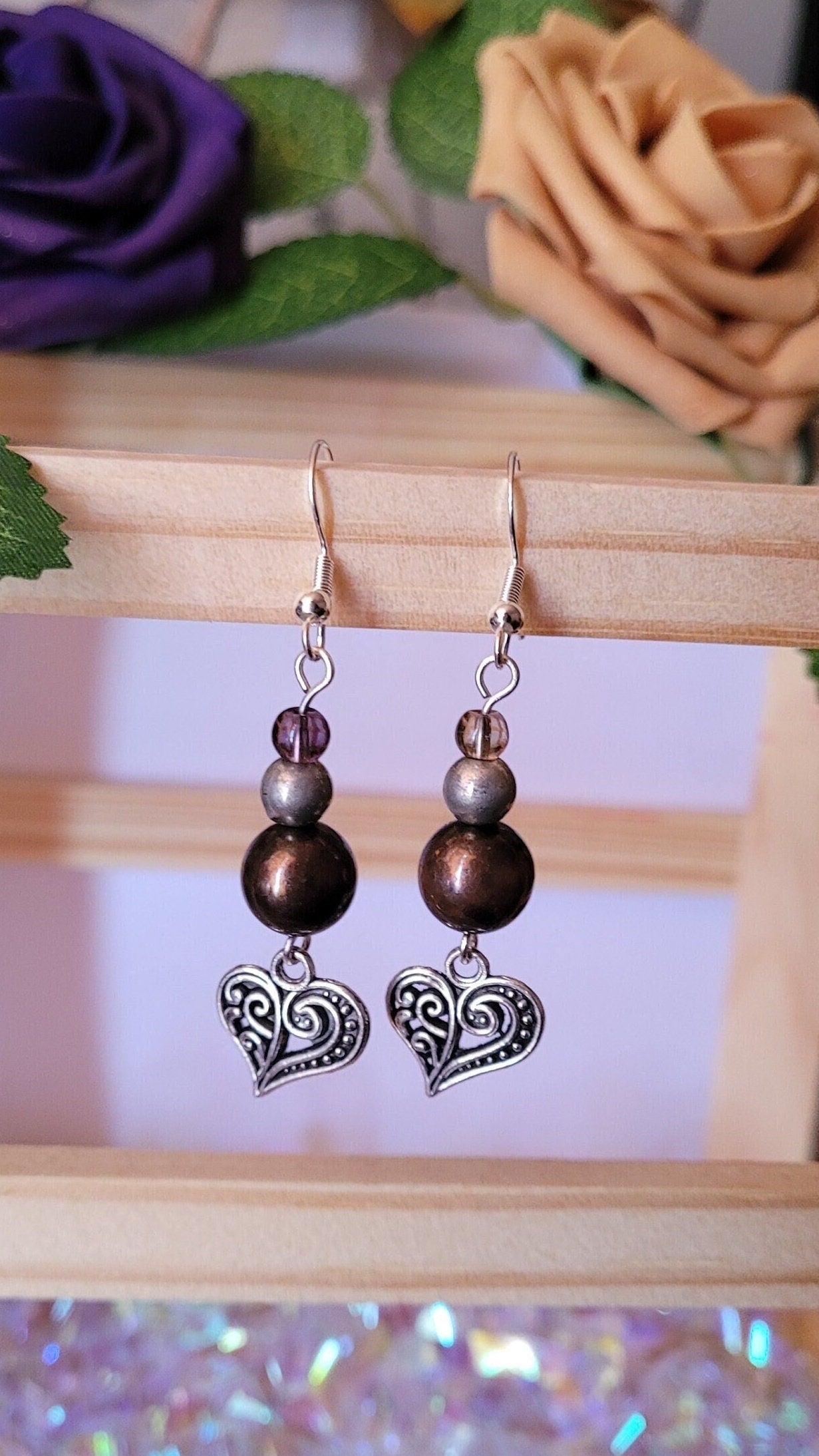Filigree heart dangle/drop earrings, beaded, boho, bronze, silver, Sterling silver ear wires