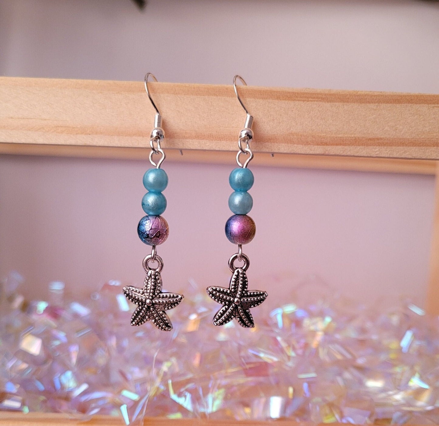 Starfish earrings, dangle/drop bead earrings, beach, ocean, sea, vibrant, summer, S925
