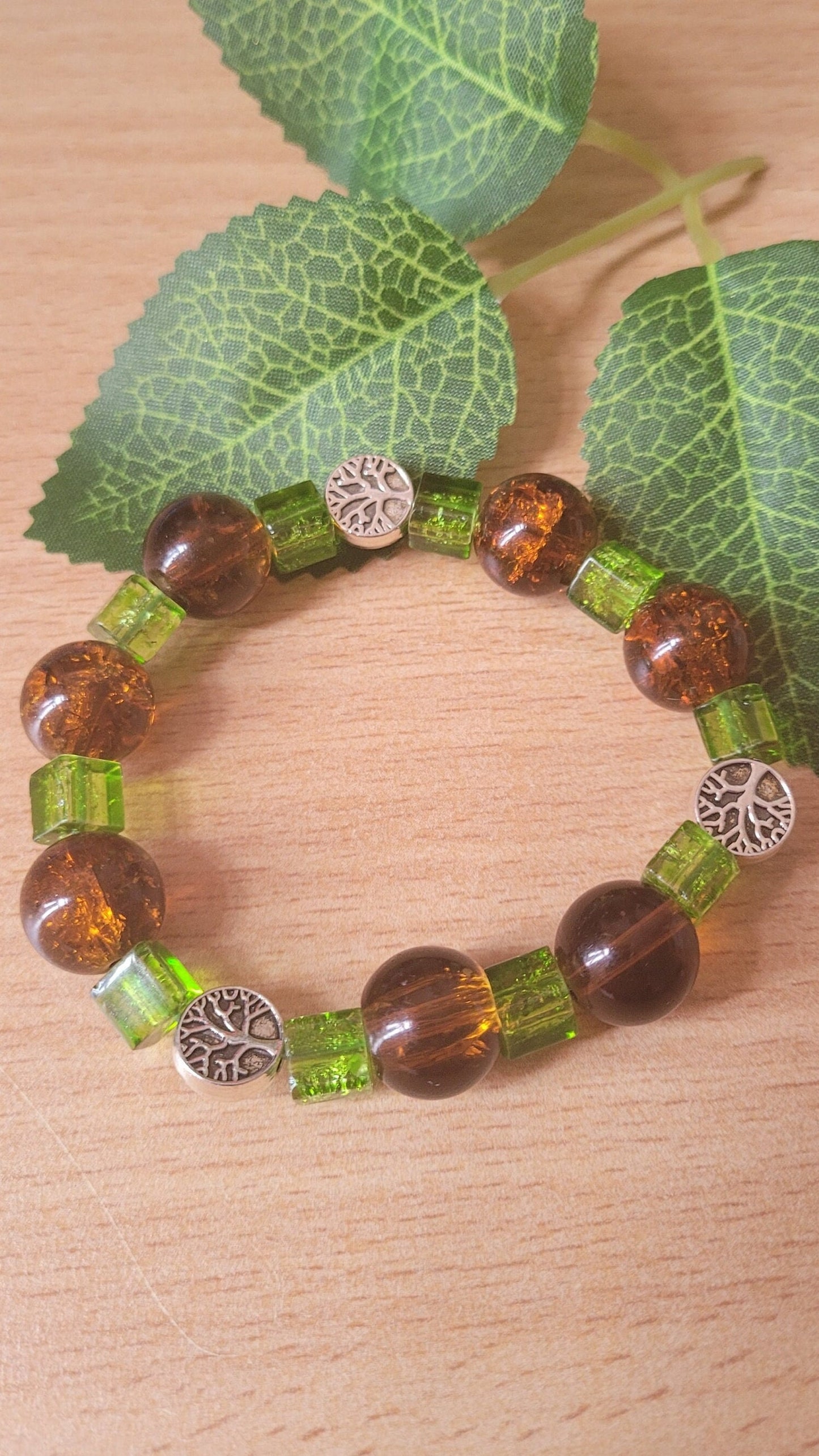 Tree of Life beaded chunky bracelet. Nature inspired, stretchy, forest, pagan.
