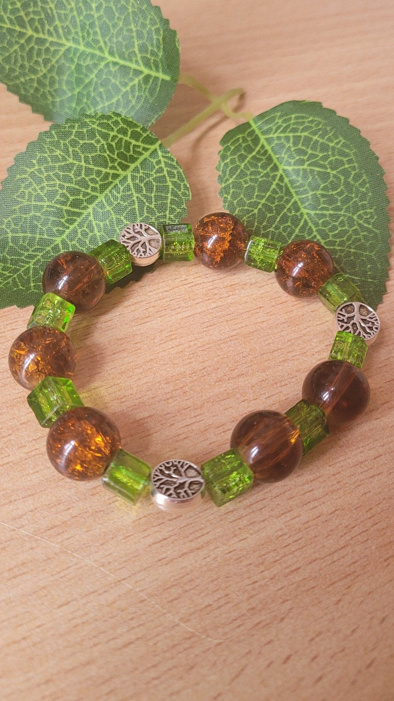Tree of Life beaded chunky bracelet. Nature inspired, stretchy, forest, pagan.