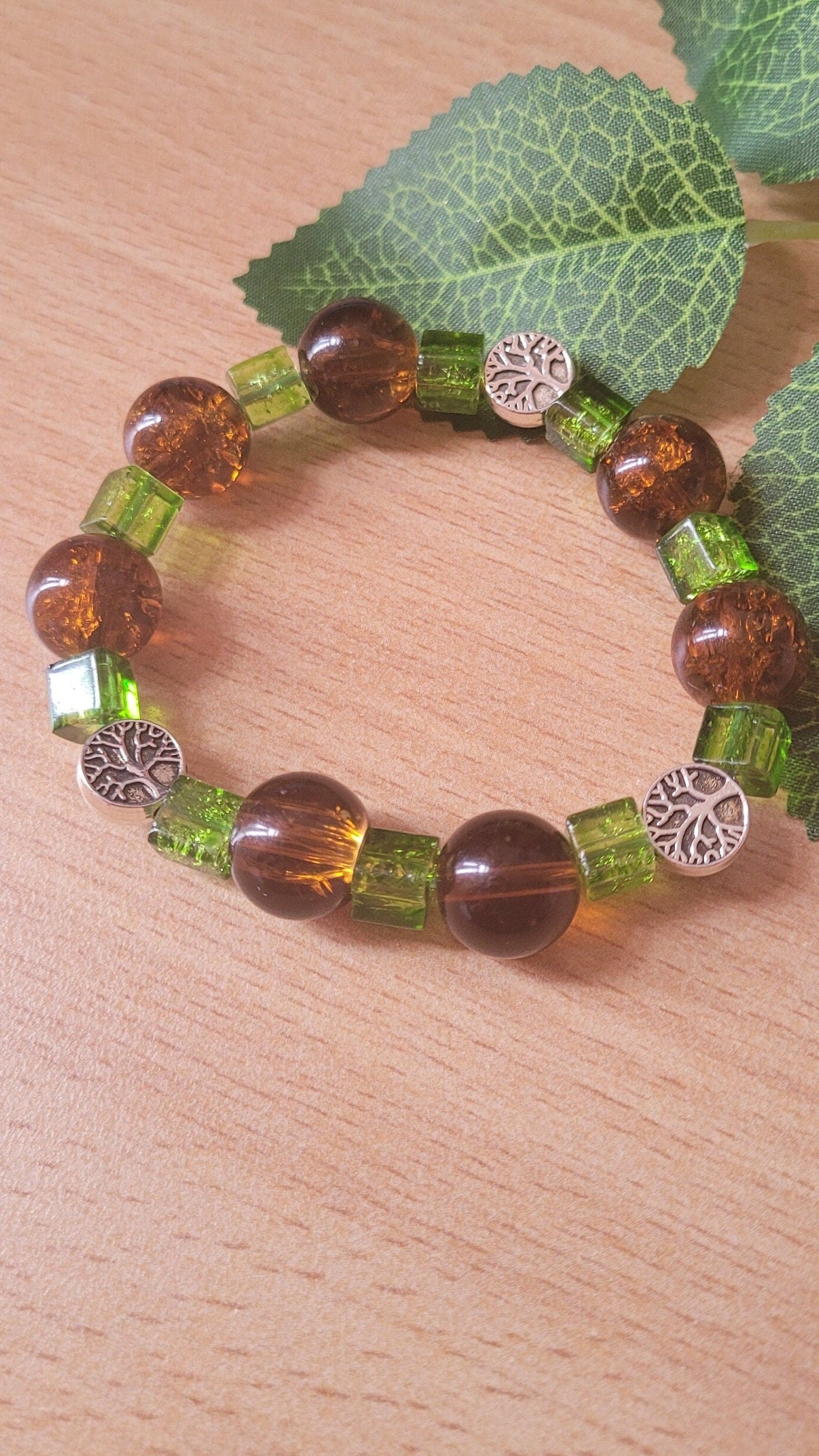 Tree of Life beaded chunky bracelet. Nature inspired, stretchy, forest, pagan.