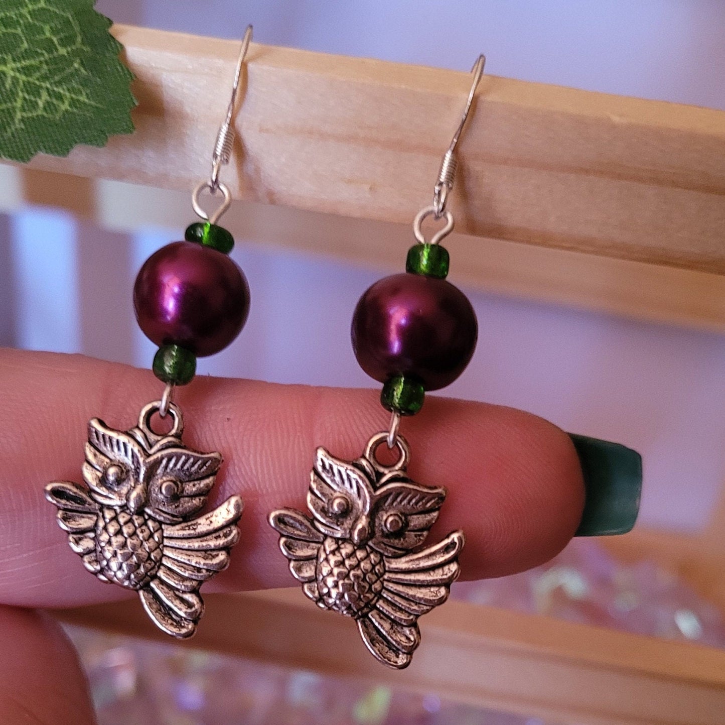 Owl dangle/drop bead earrings, pretty, quirky, nature, forest, magical, mystic