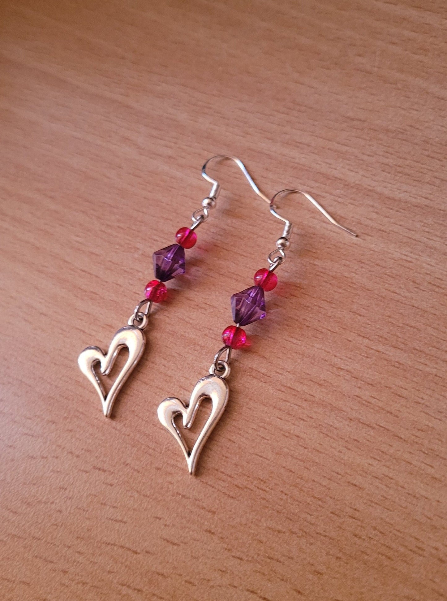 Heart charm dangle/drop earrings, pretty, beaded, colourful, elegant, S925 ear wires