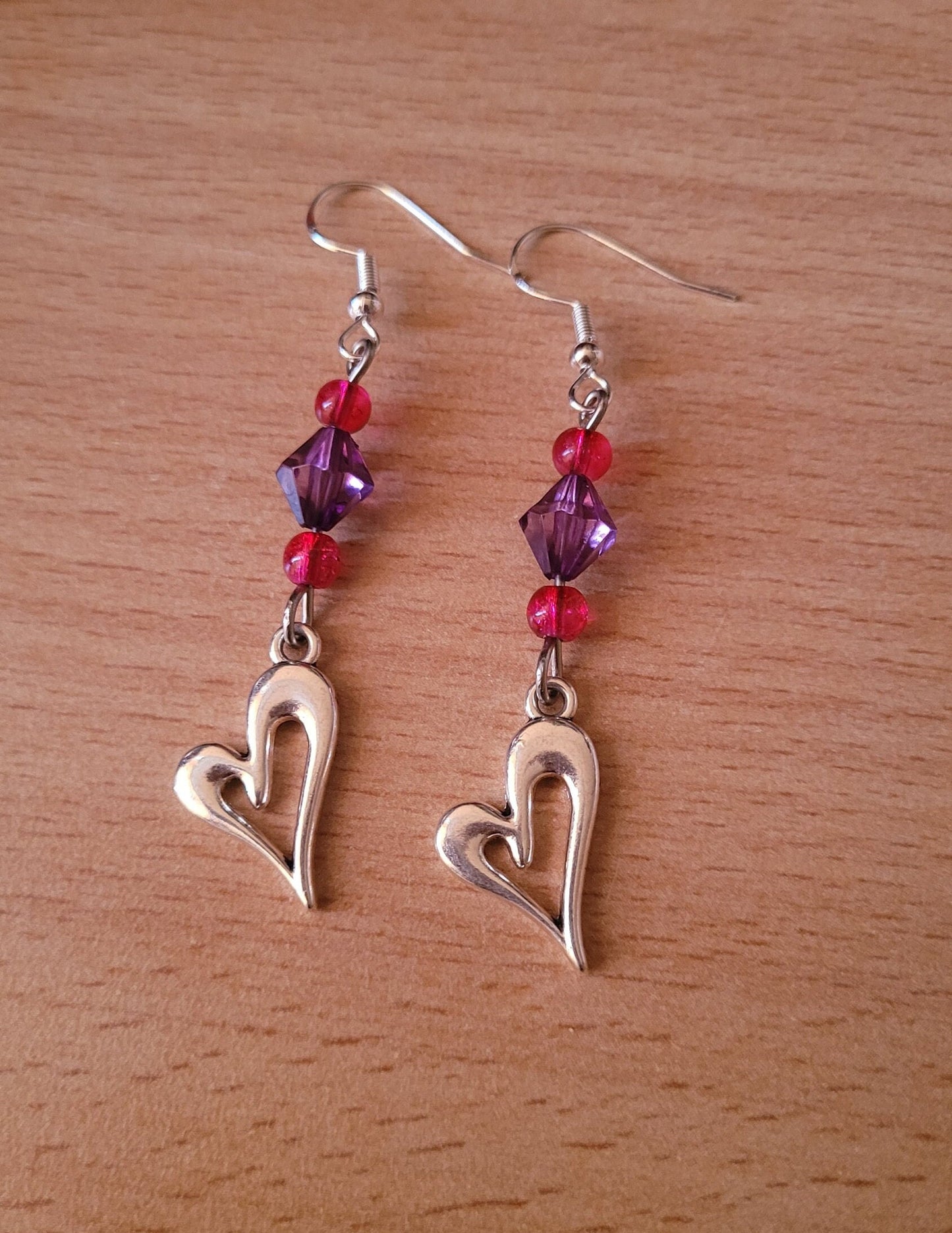 Heart charm dangle/drop earrings, pretty, beaded, colourful, elegant, S925 ear wires