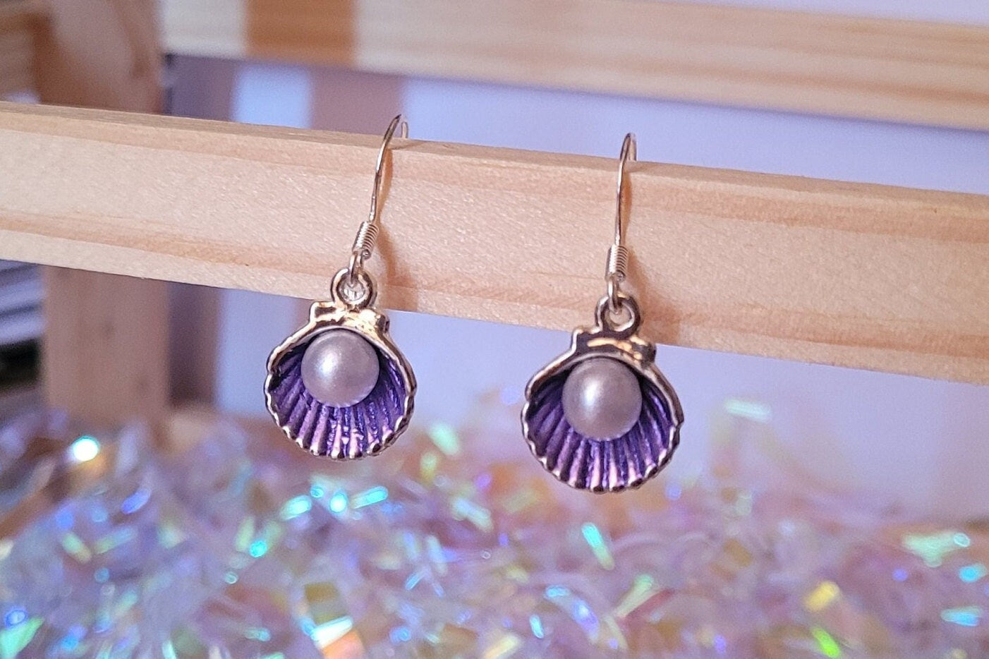 Purple Clam Shell Dangle Earrings with Faux Pearl, S925 Ear Wires