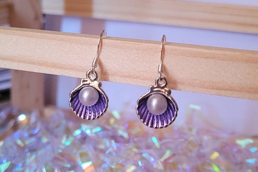 Purple Clam Shell Dangle Earrings with Faux Pearl, S925 Ear Wires