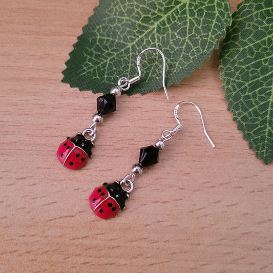 Ladybird Drop Earrings, Sterling Silver Ear Wires, Fun Nature Jewelry