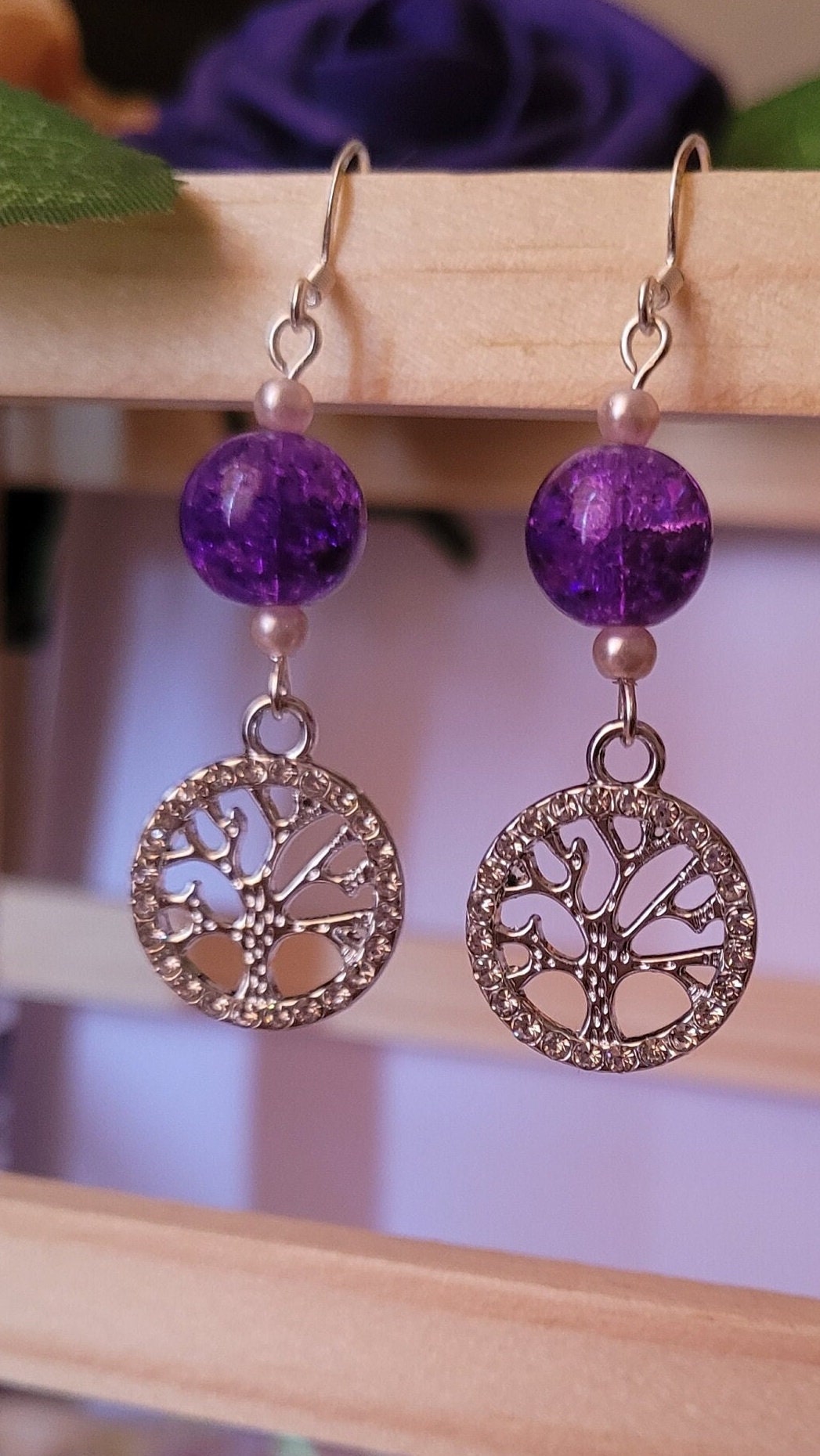 Silver Tree of Life Dangle Earrings: Purple CZ, Sterling Silver Ear Wires