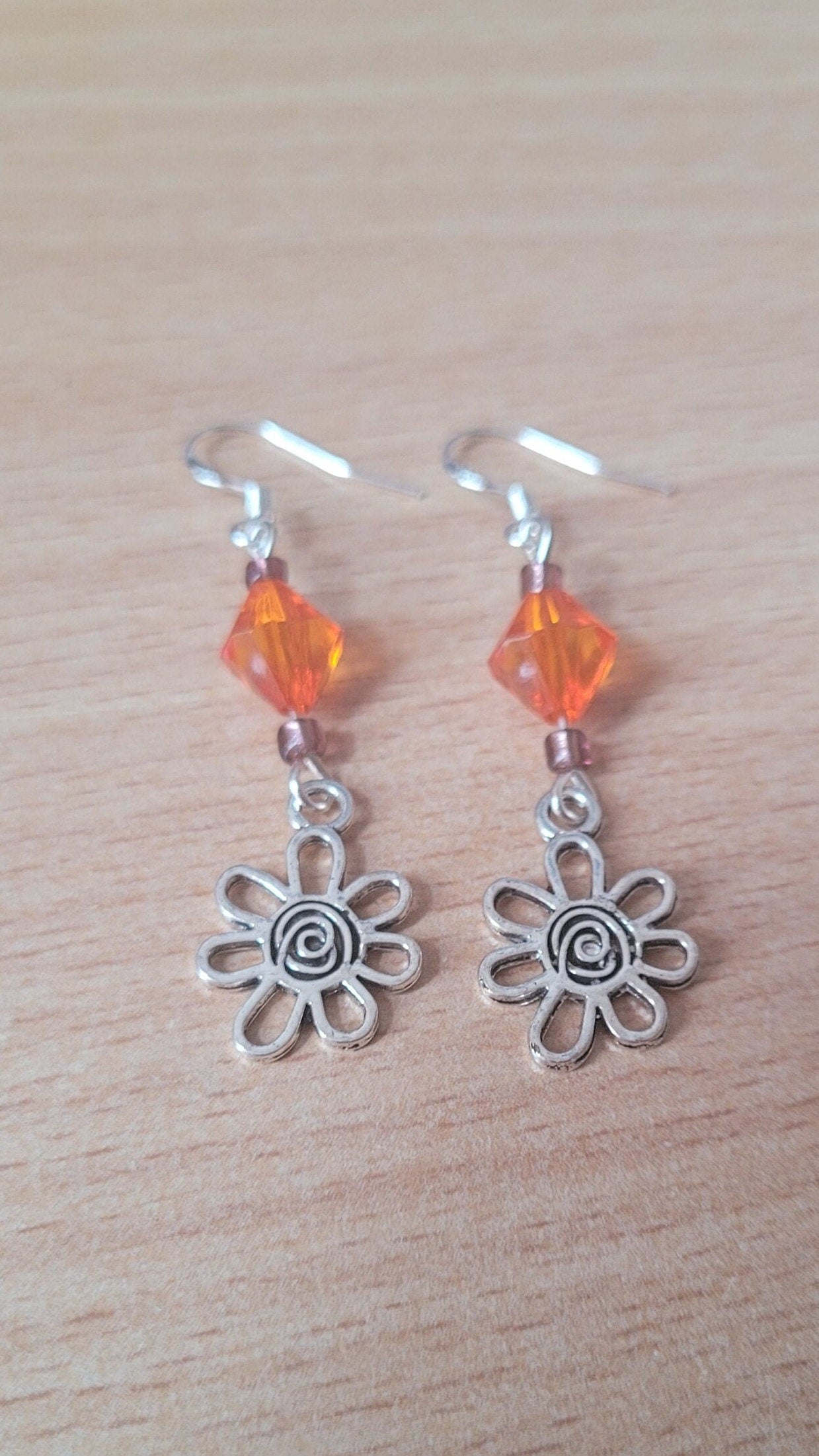 Sterling Silver Flower Drop Earrings: Orange Beaded Charm Earrings
