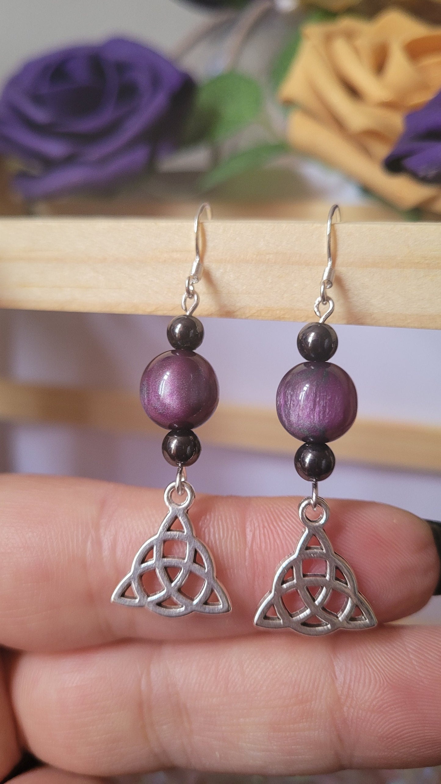 Triquetra charm beaded drop earrings. Gothic, pagan, celtic, S925 ear wires