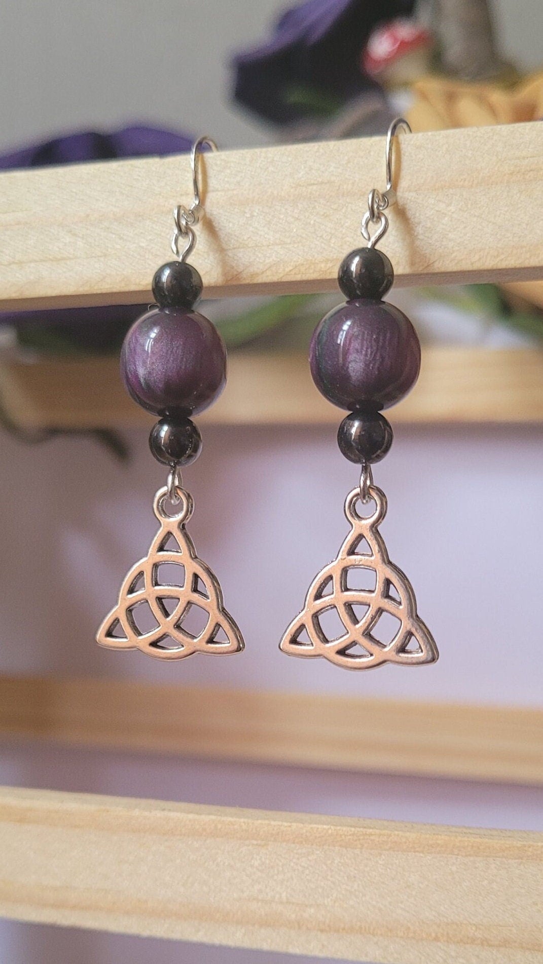 Triquetra charm beaded drop earrings. Gothic, pagan, celtic, S925 ear wires