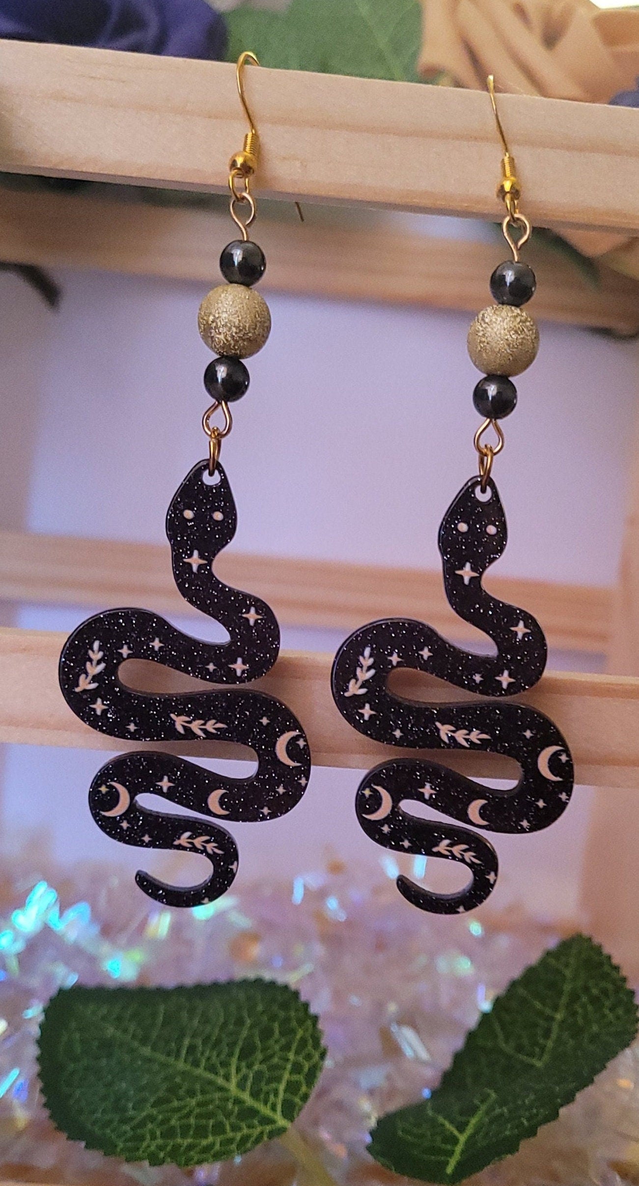 Snake beaded drop/dangle earrings with gold plated S925 ear wires.