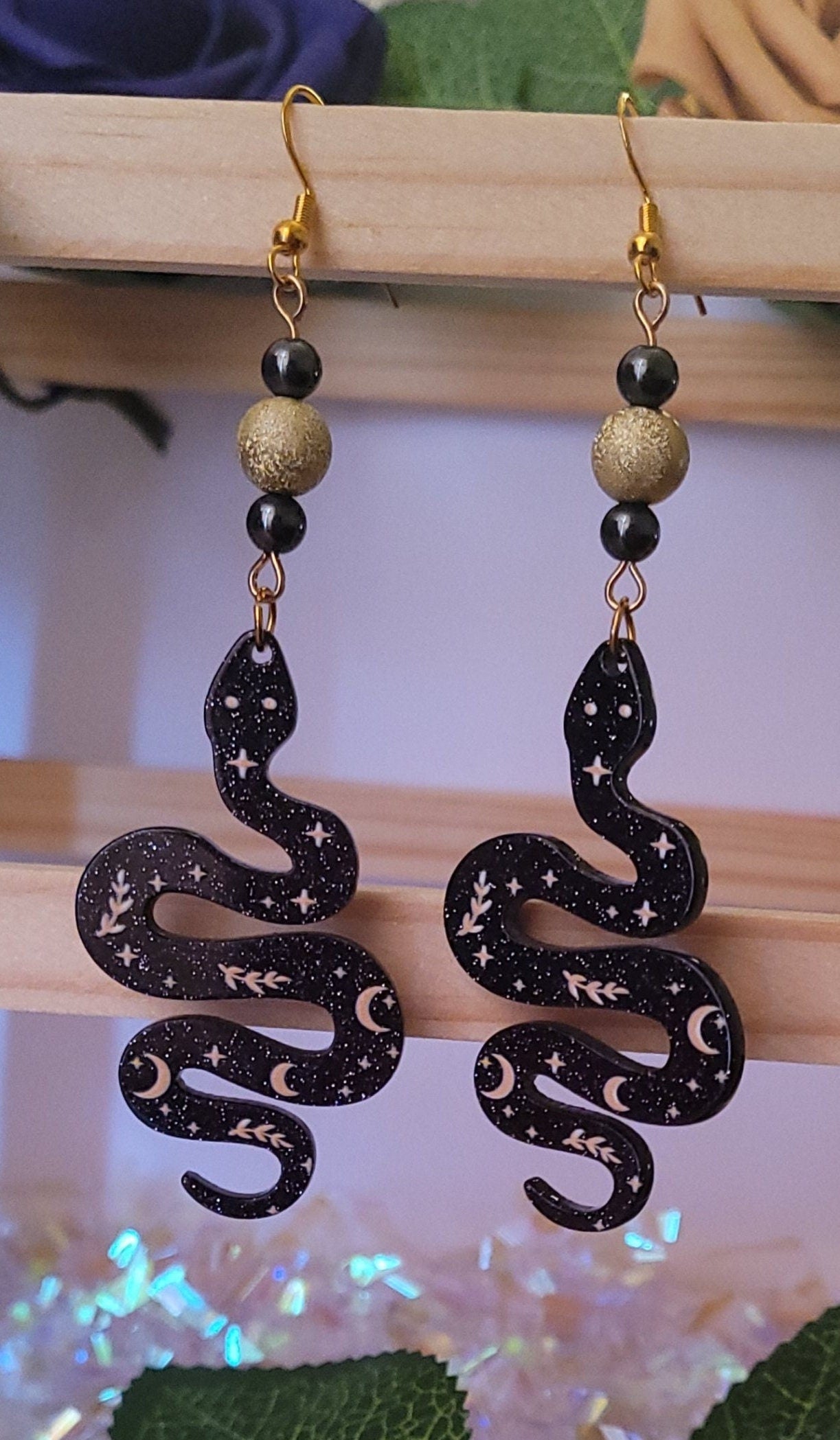 Snake beaded drop/dangle earrings with gold plated S925 ear wires.
