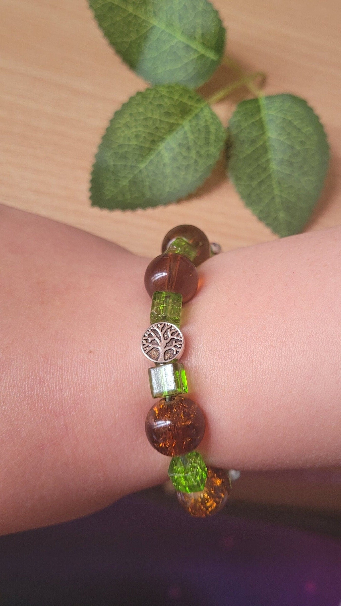 Tree of Life beaded chunky bracelet. Nature inspired, stretchy, forest, pagan.