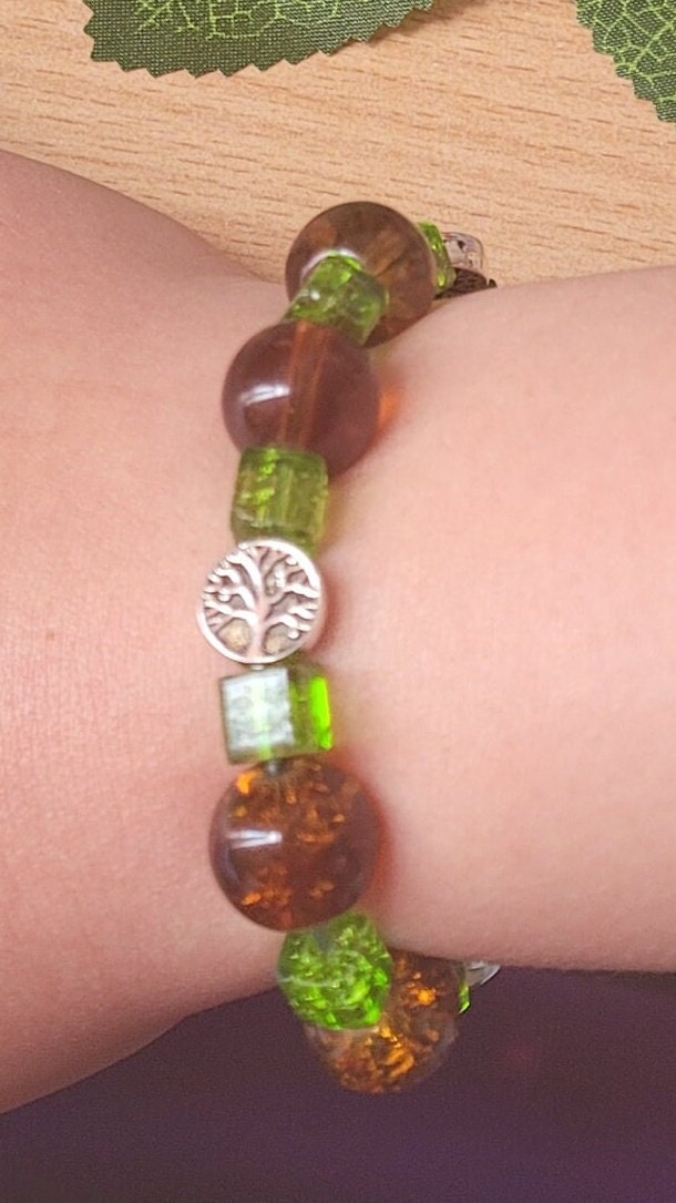 Tree of Life beaded chunky bracelet. Nature inspired, stretchy, forest, pagan.