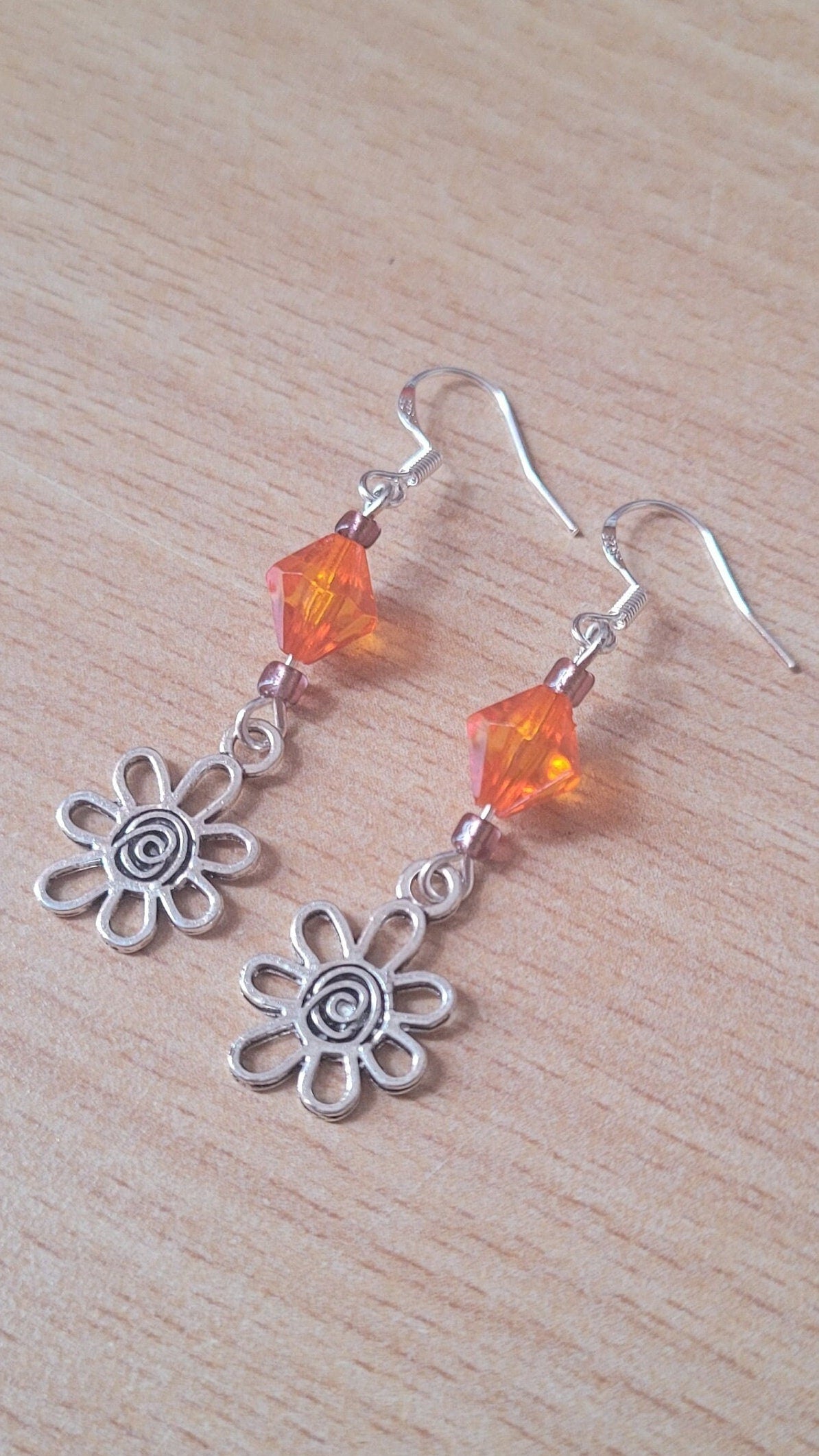 Sterling Silver Flower Drop Earrings: Orange Beaded Charm Earrings