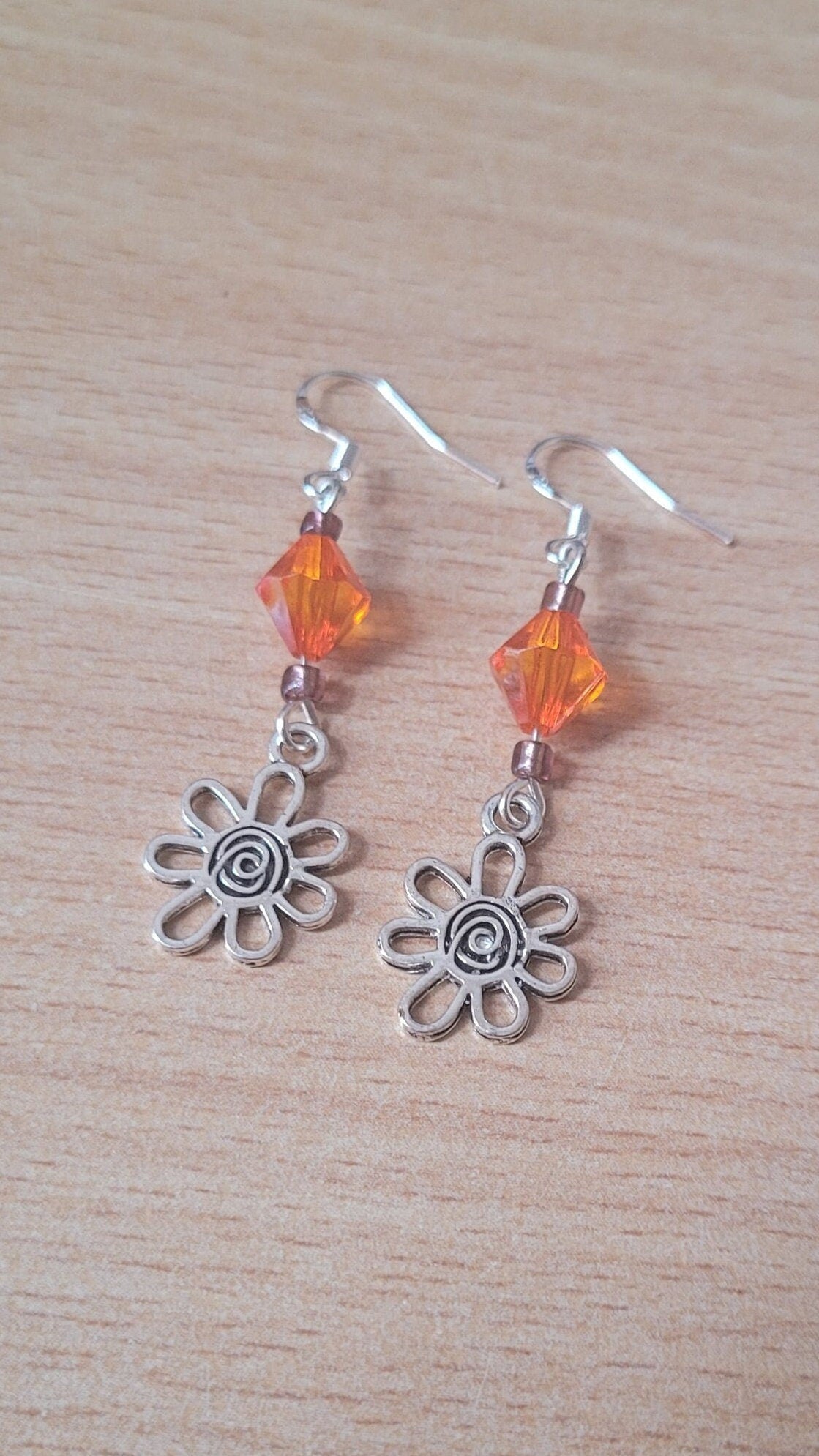 Sterling Silver Flower Drop Earrings: Orange Beaded Charm Earrings